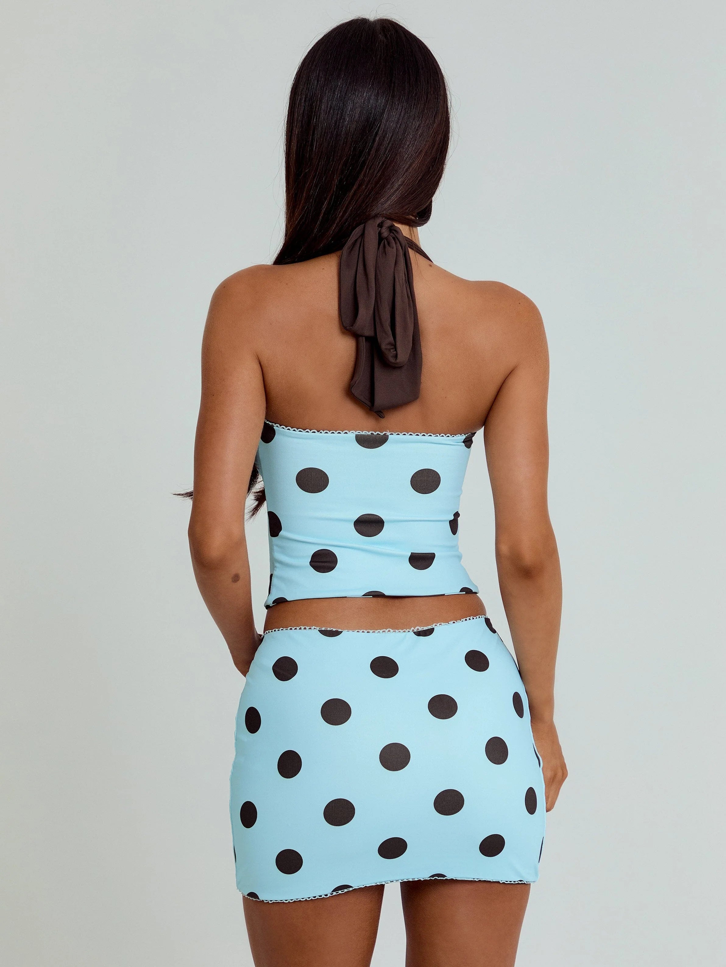LULA REVERSIBLE TOP BLUE AND CHOCOLATE POLKA DOT