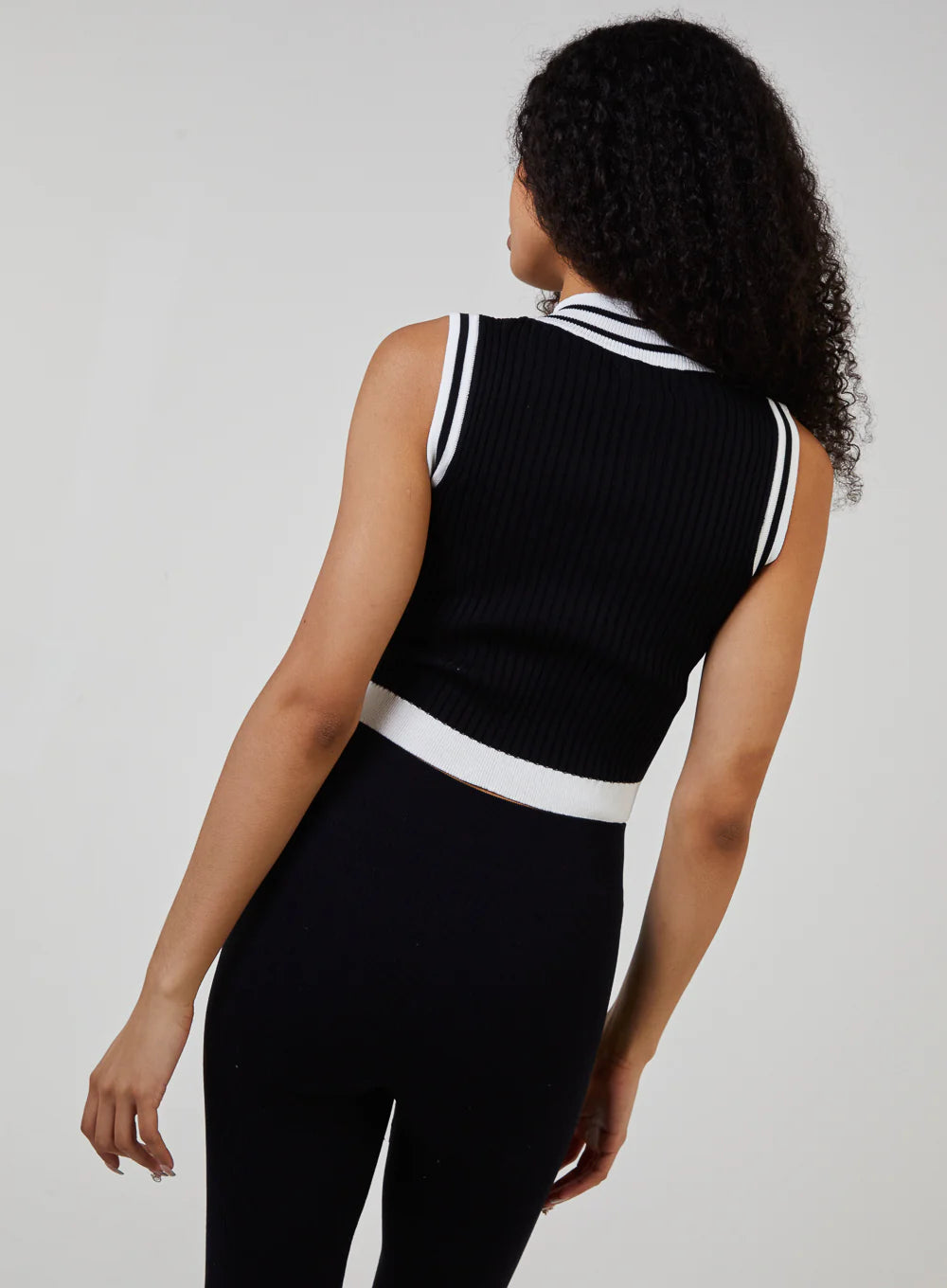 Half Zip Striped High Neck Sleeveless Crop Top