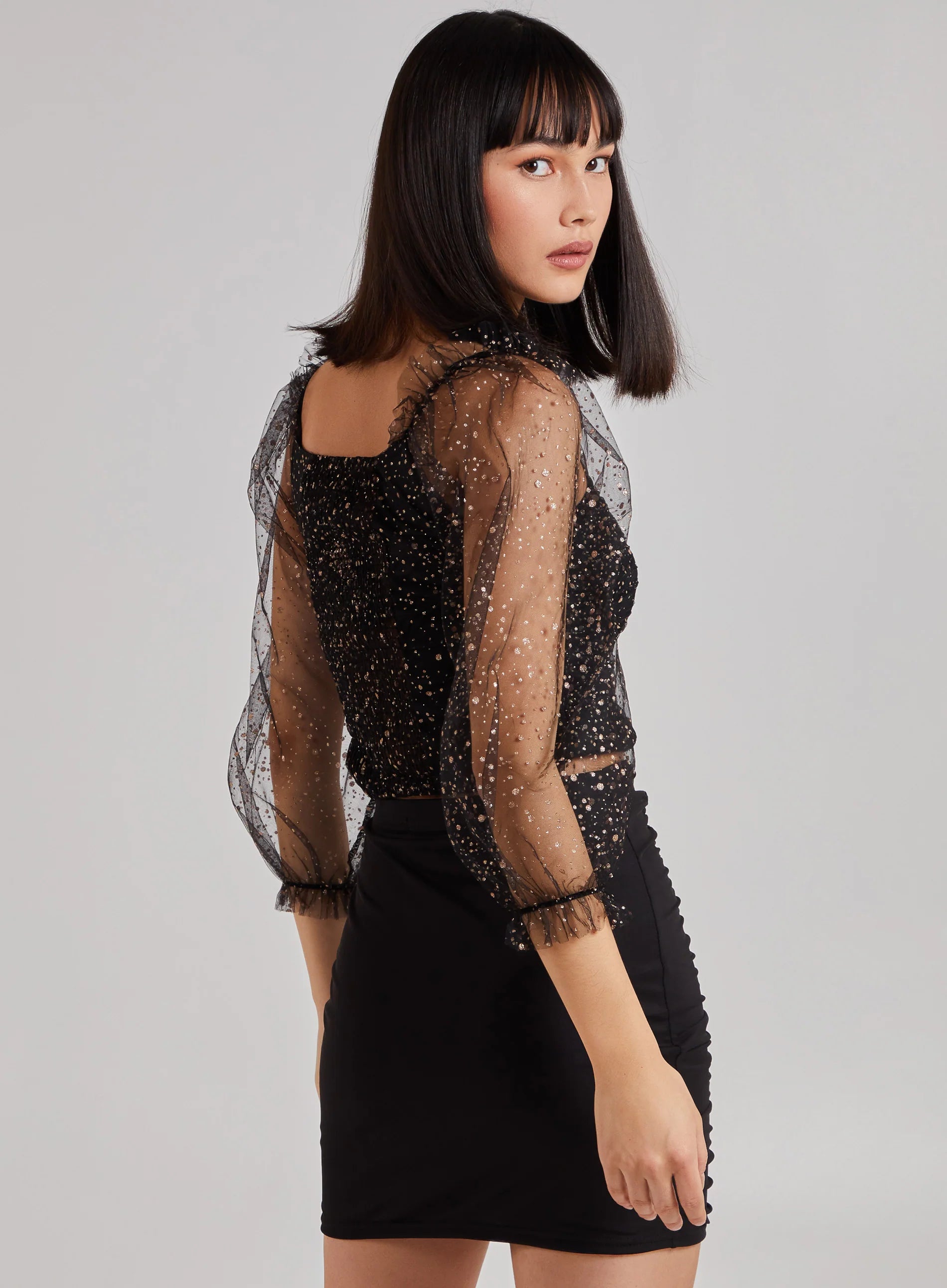 Glitter Ruched Top With Sheer Balloon Sleeve