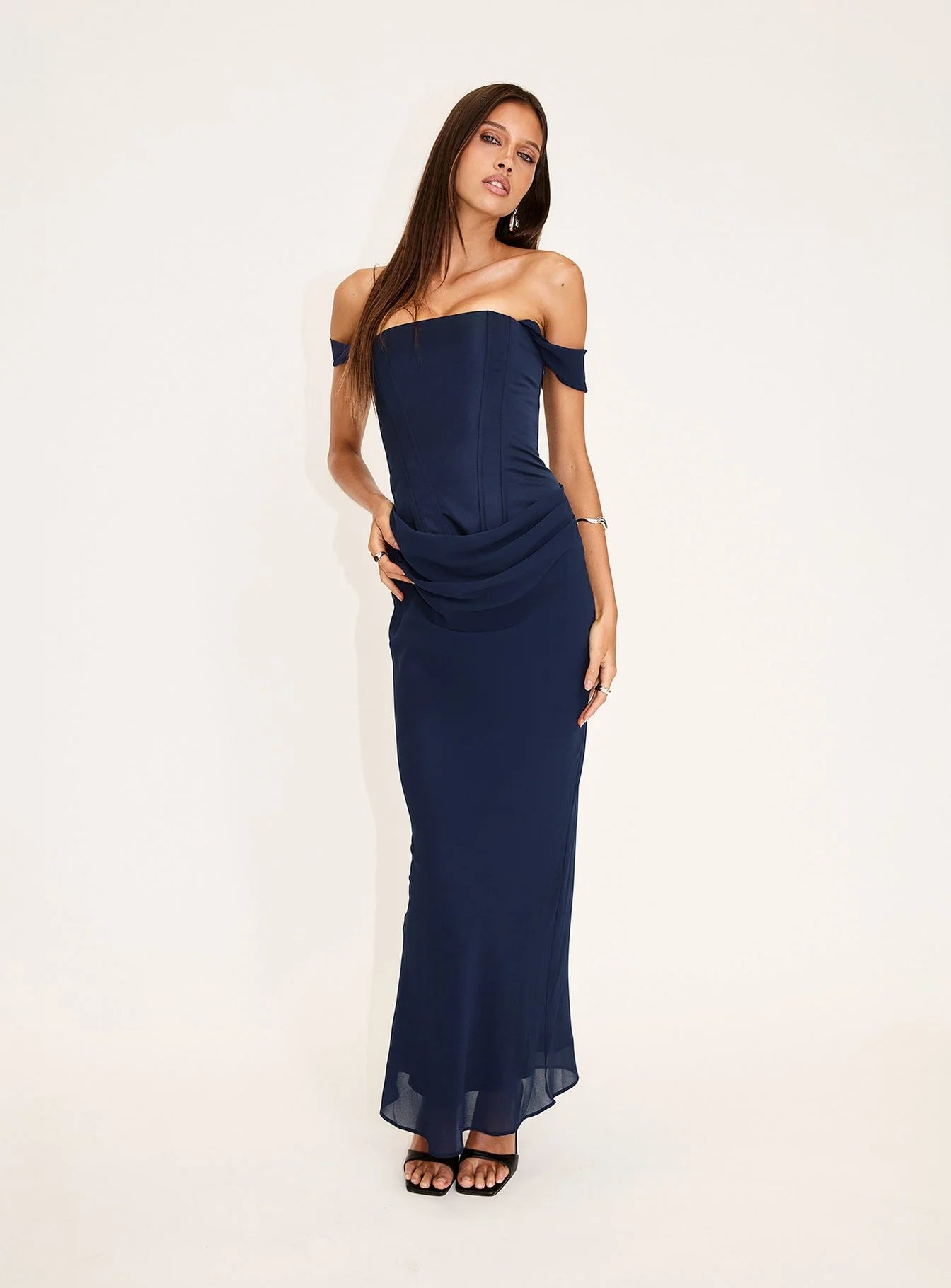 Joslyne Off Shoulder Corset Maxi Dress Navy