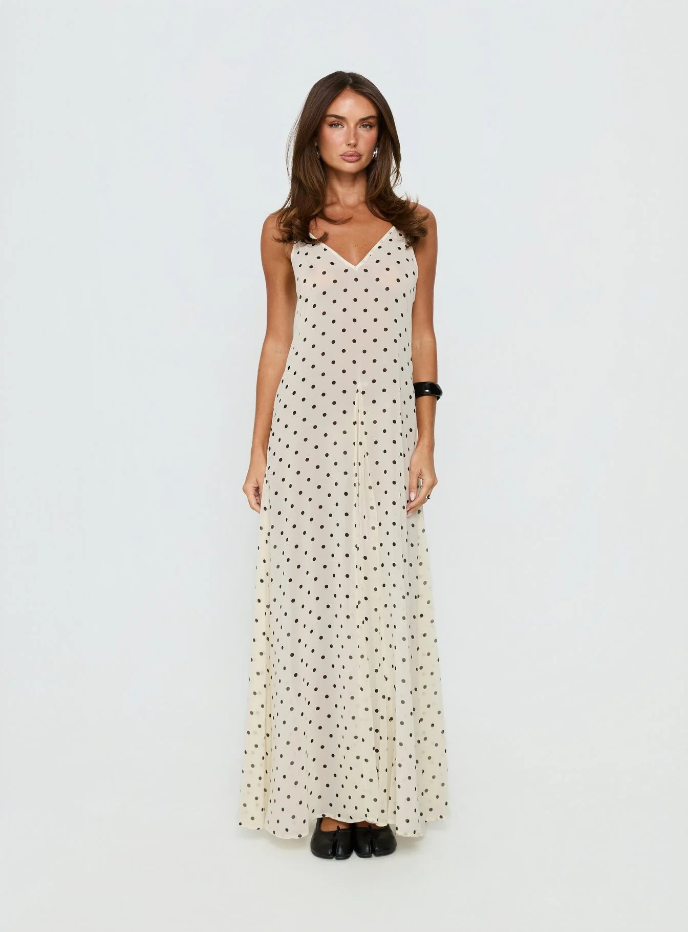 Loulah Sheer Chiffon Maxi Dress Cream Polka Dot