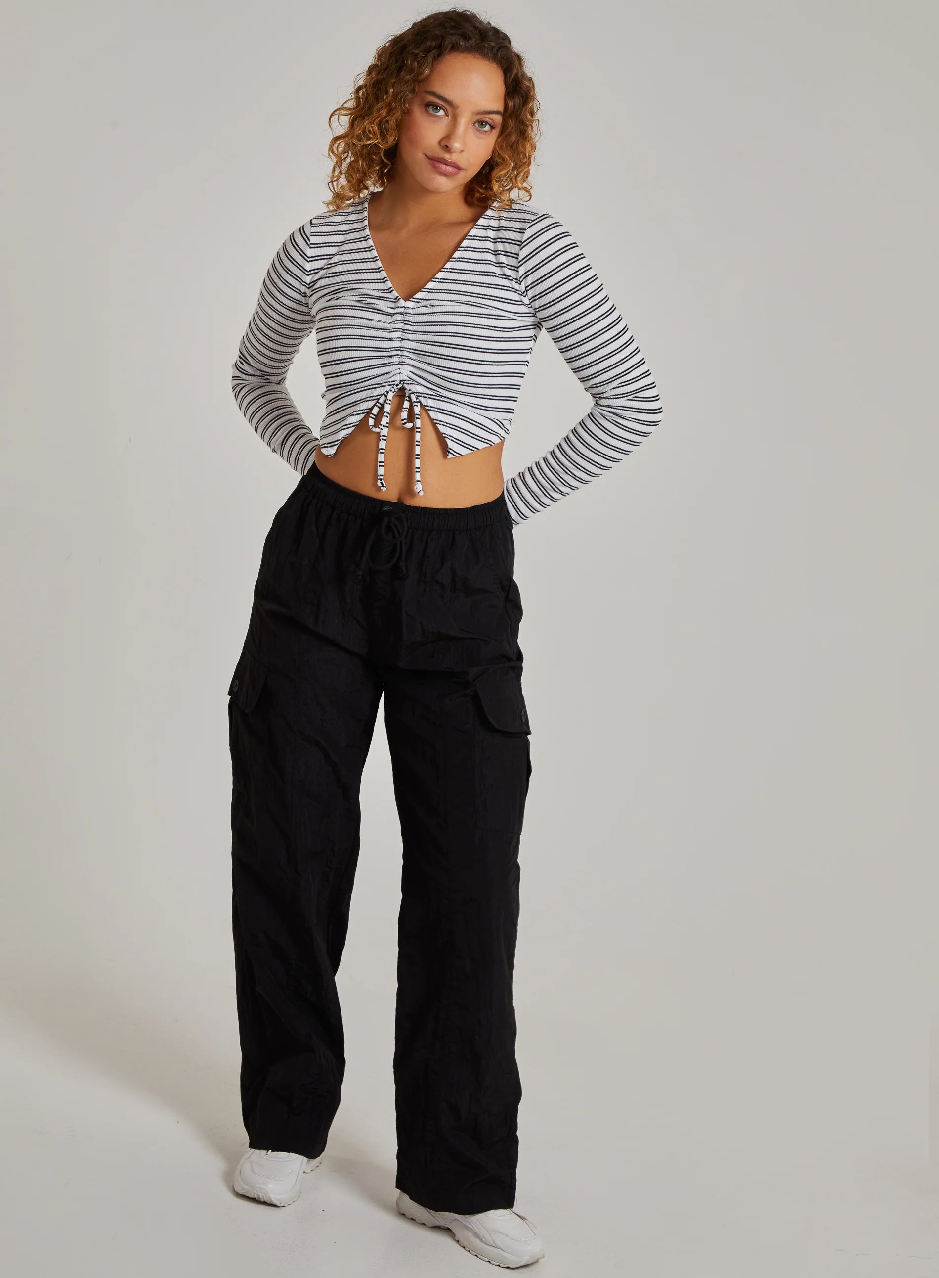 Striped Tie Front Ribbed Crop Top