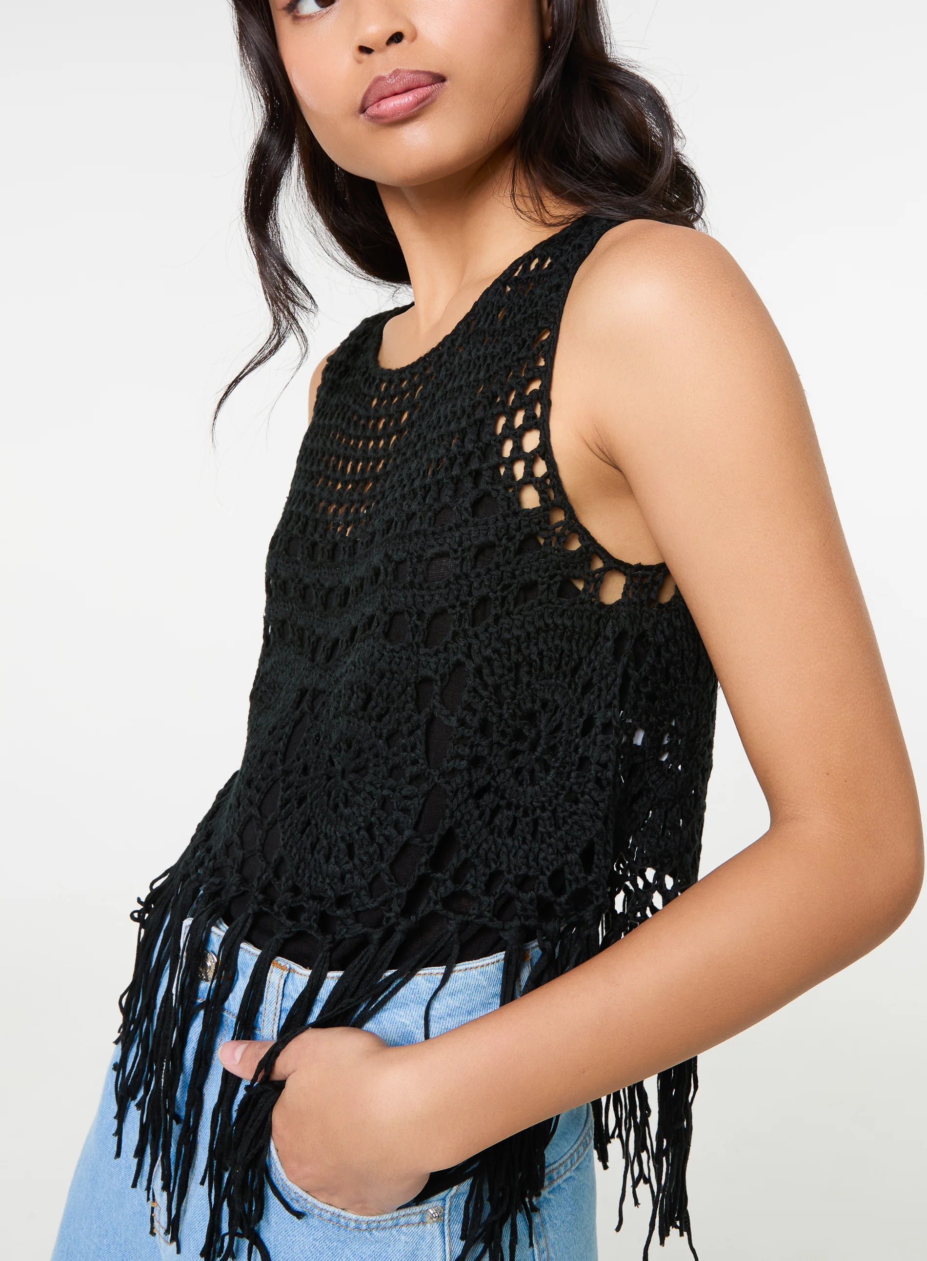 Tassel Hem Crochet Knit Top