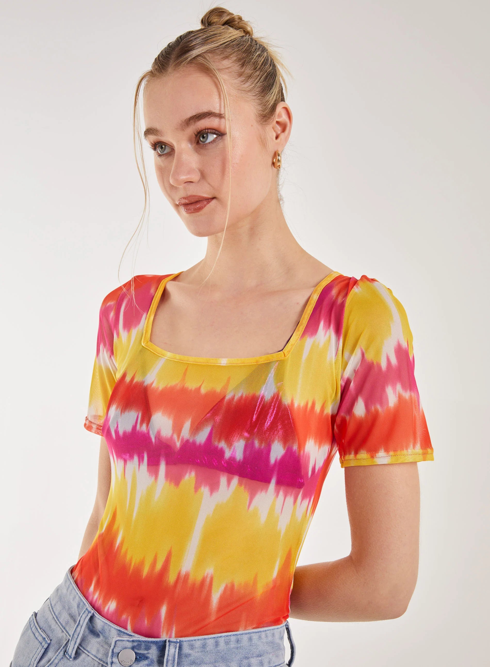 Tie Dye Mesh Square Neck Bodysuit
