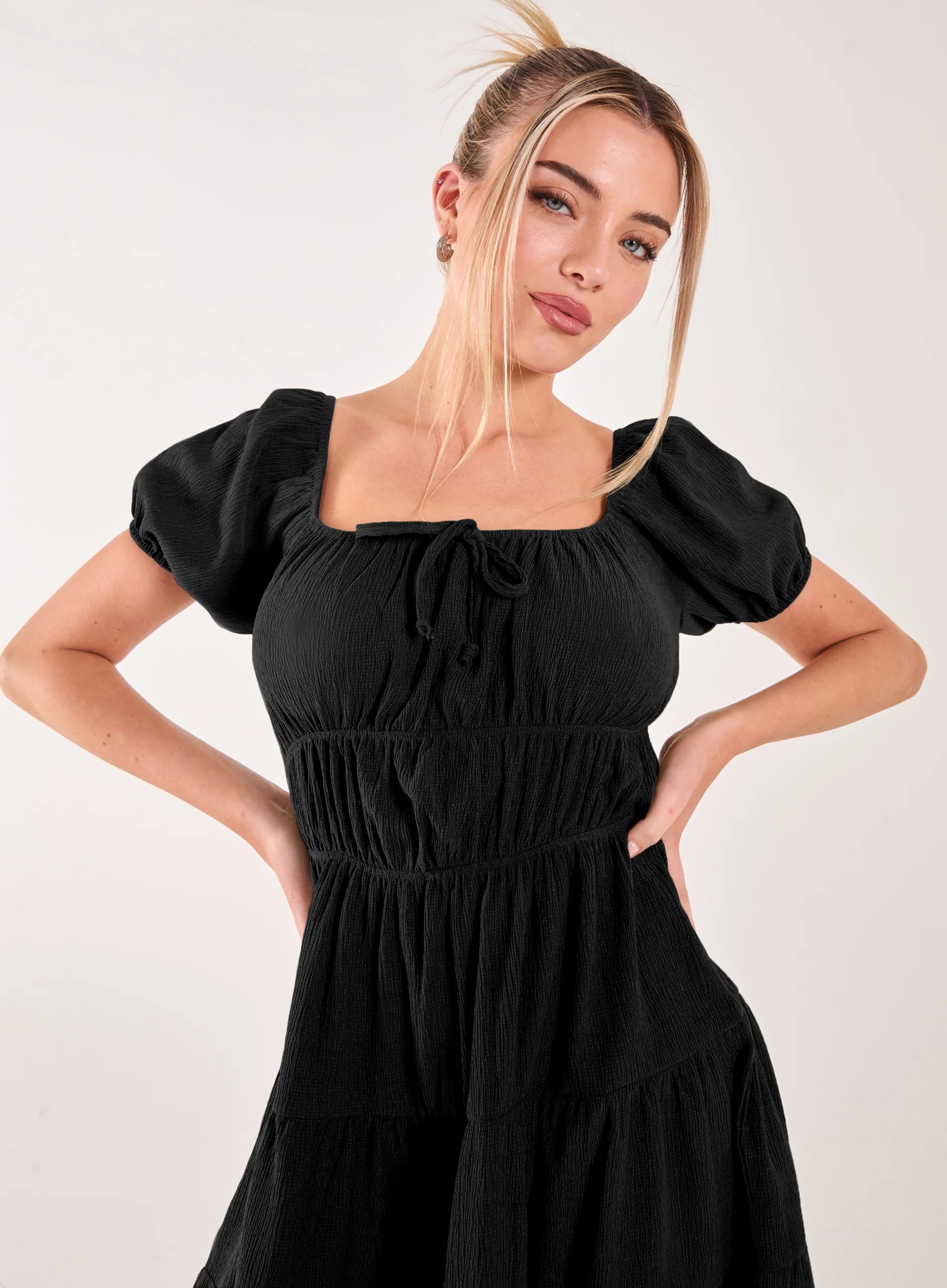 Crinkle Puff Sleeve Tiered Mini Dress
