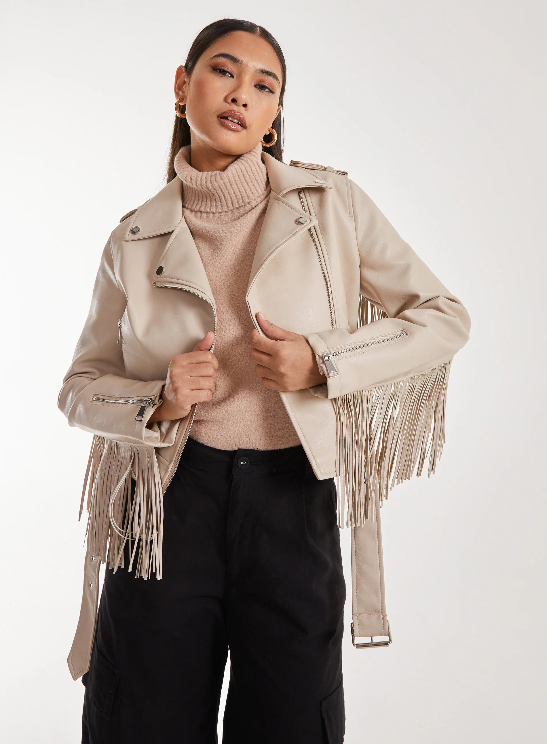 Fringed Cropped PU Jacket