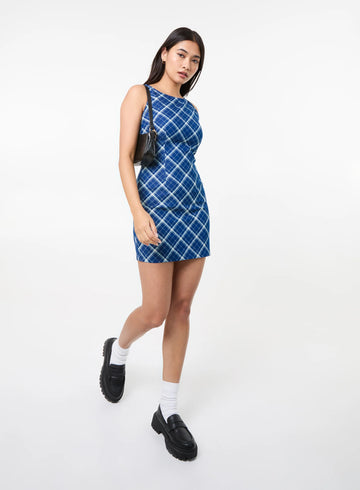 Denim Check Print Mini Dress