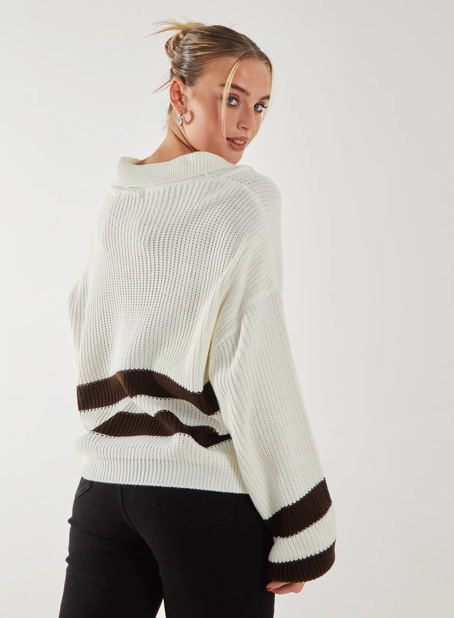 Striped Zip-Up Collar Knitted Jumper