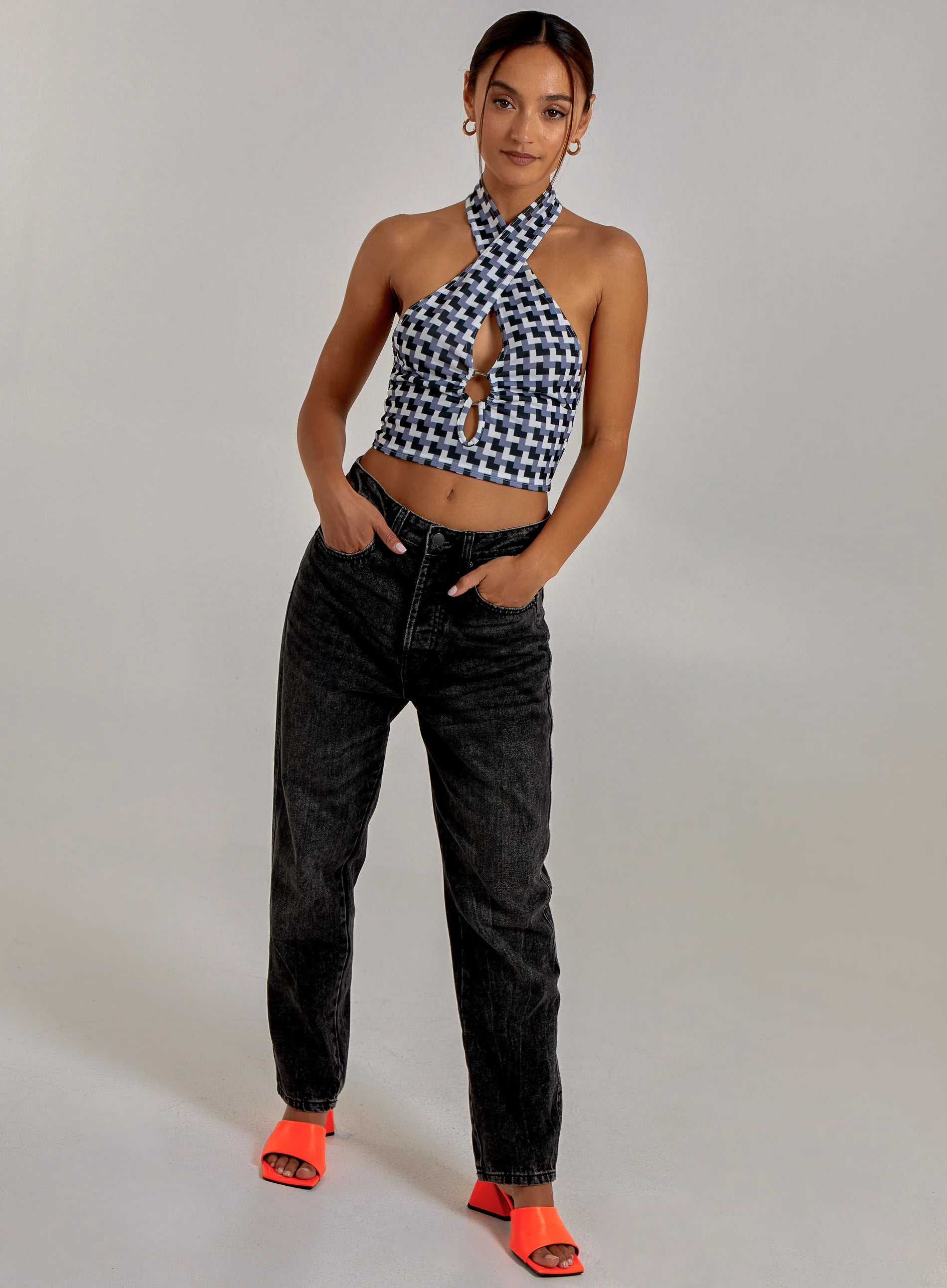 Geometric Print Cut Out Halterneck Top