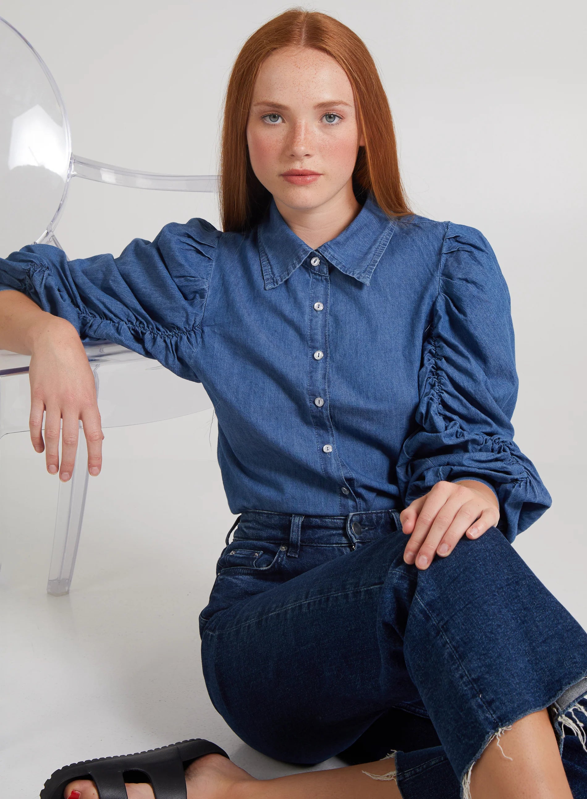 Ruched Sleeve Denim Shirt