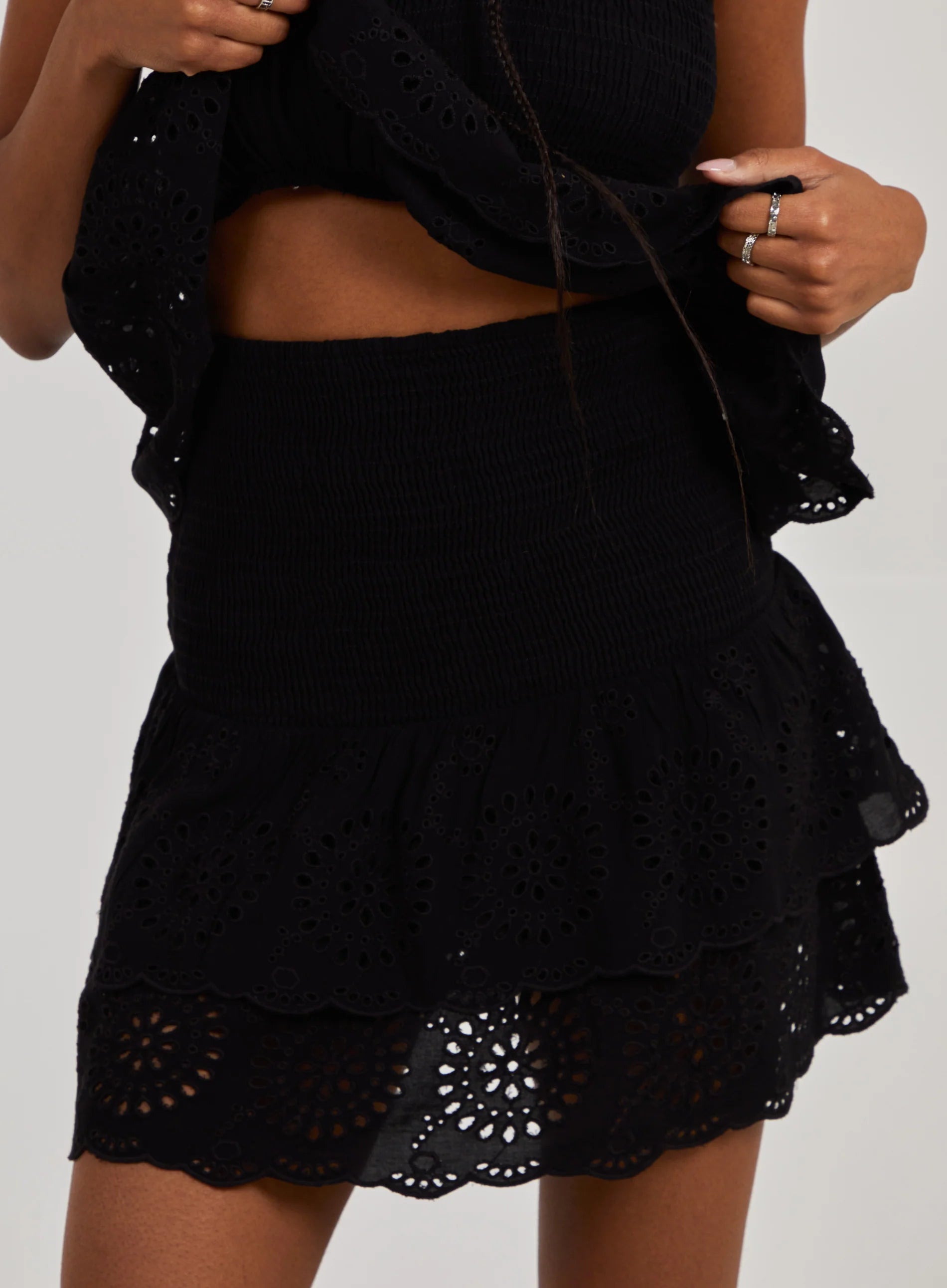 Shirred Broderie Ruffle Mini Skirt