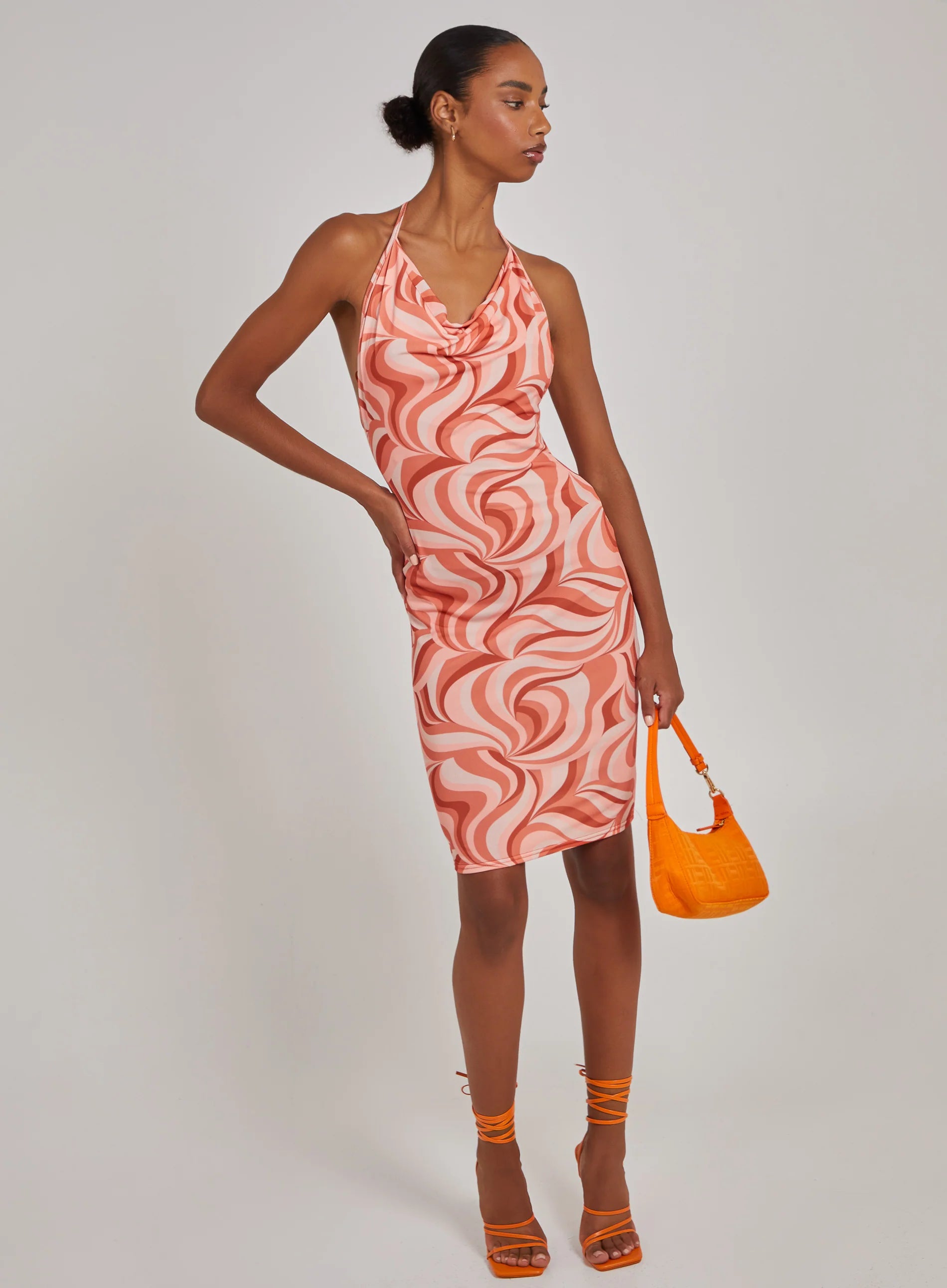 Swirl Print Cowl Neck Mini Dress