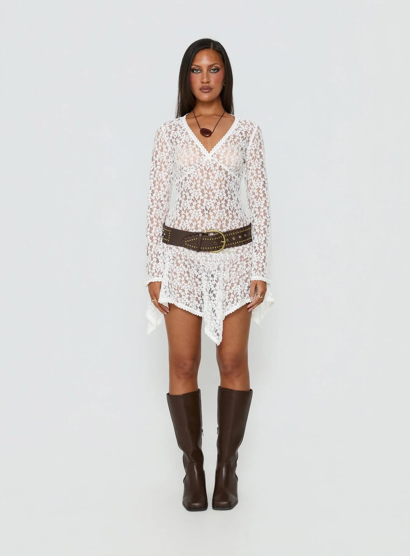 Somanie Long Sleeve Lace Mini Dress White
