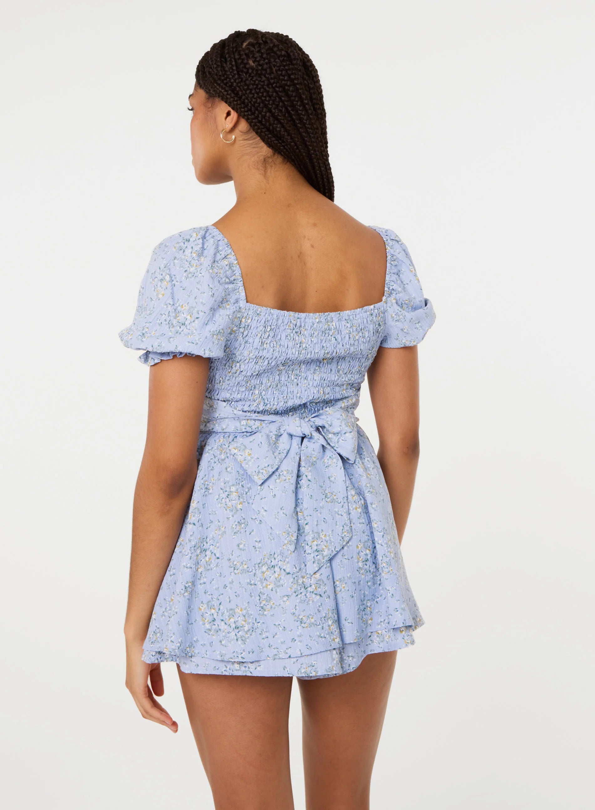 Bow Back Ditsy Puff Sleeve Playsuit