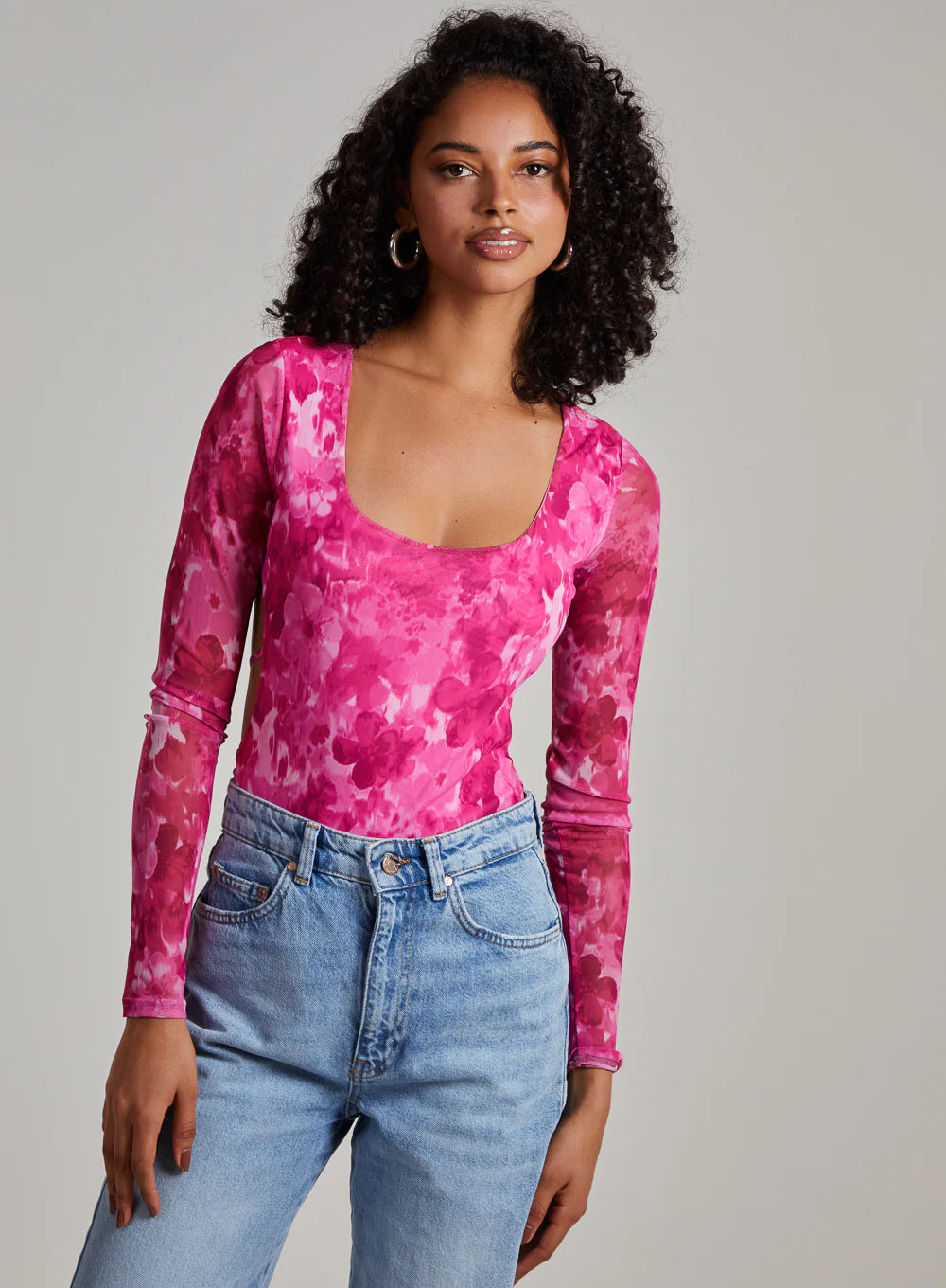 Graphic Floral Long Sleeve Backless Bodysuit