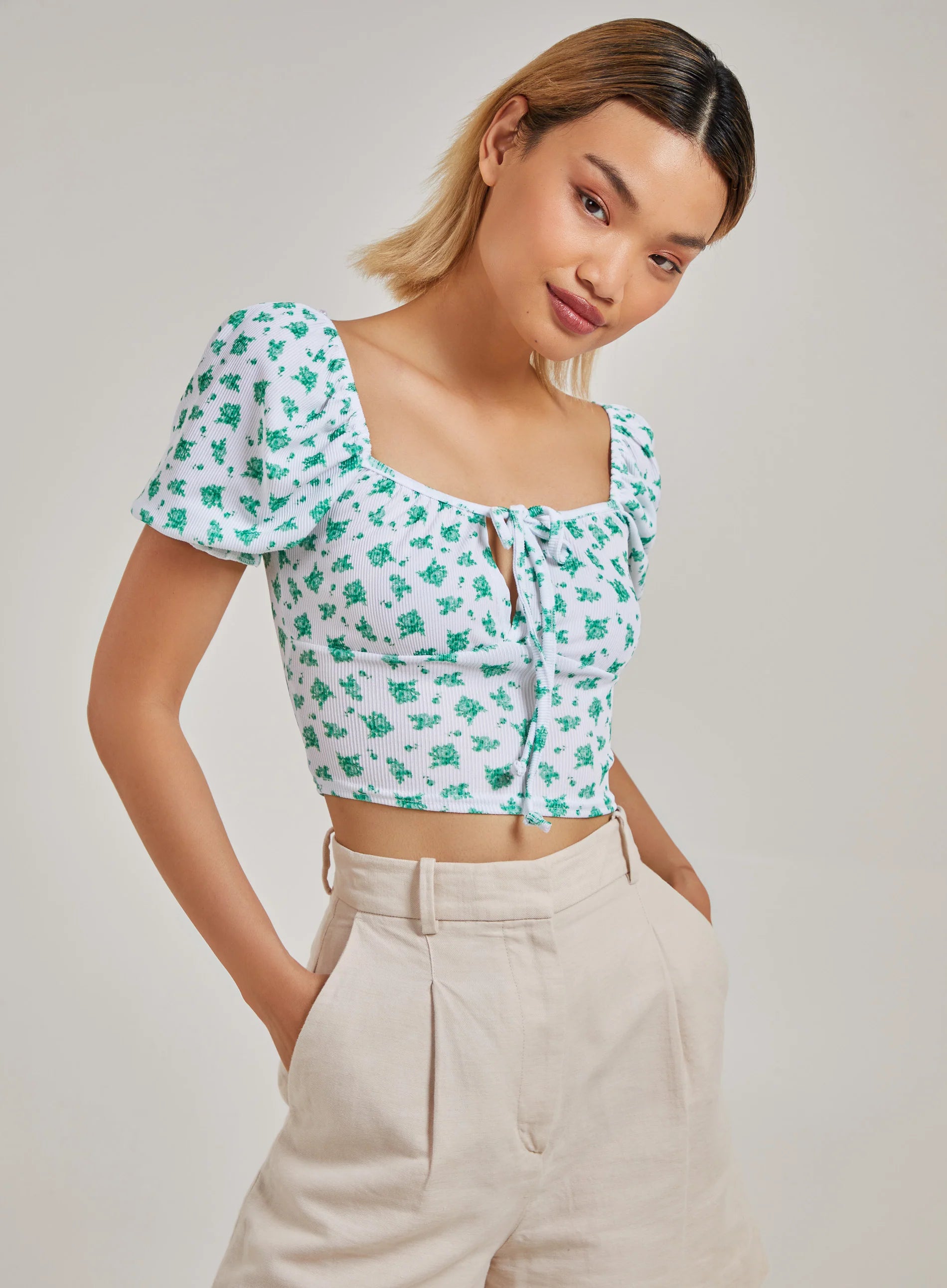 Floral Tie Detail Puff Sleeve Top