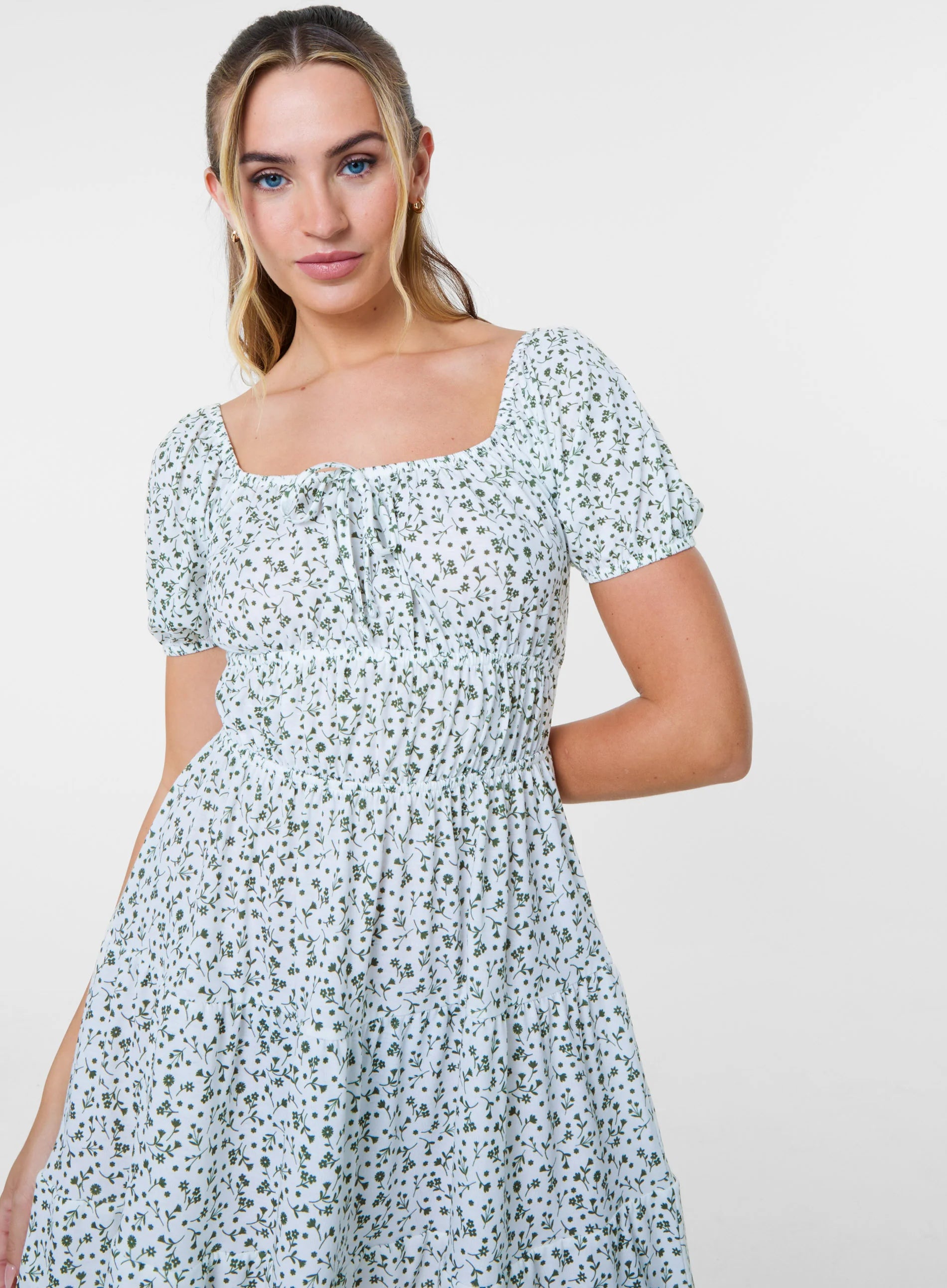 Ditsy Puff Sleeve Tiered Mini Dress