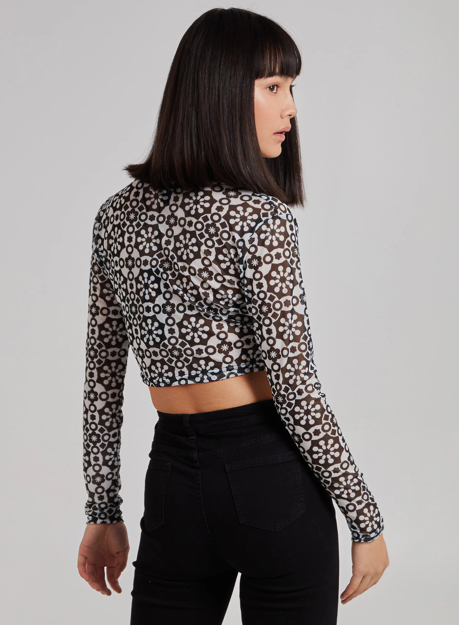 Geometric Print Mesh Button Up Top