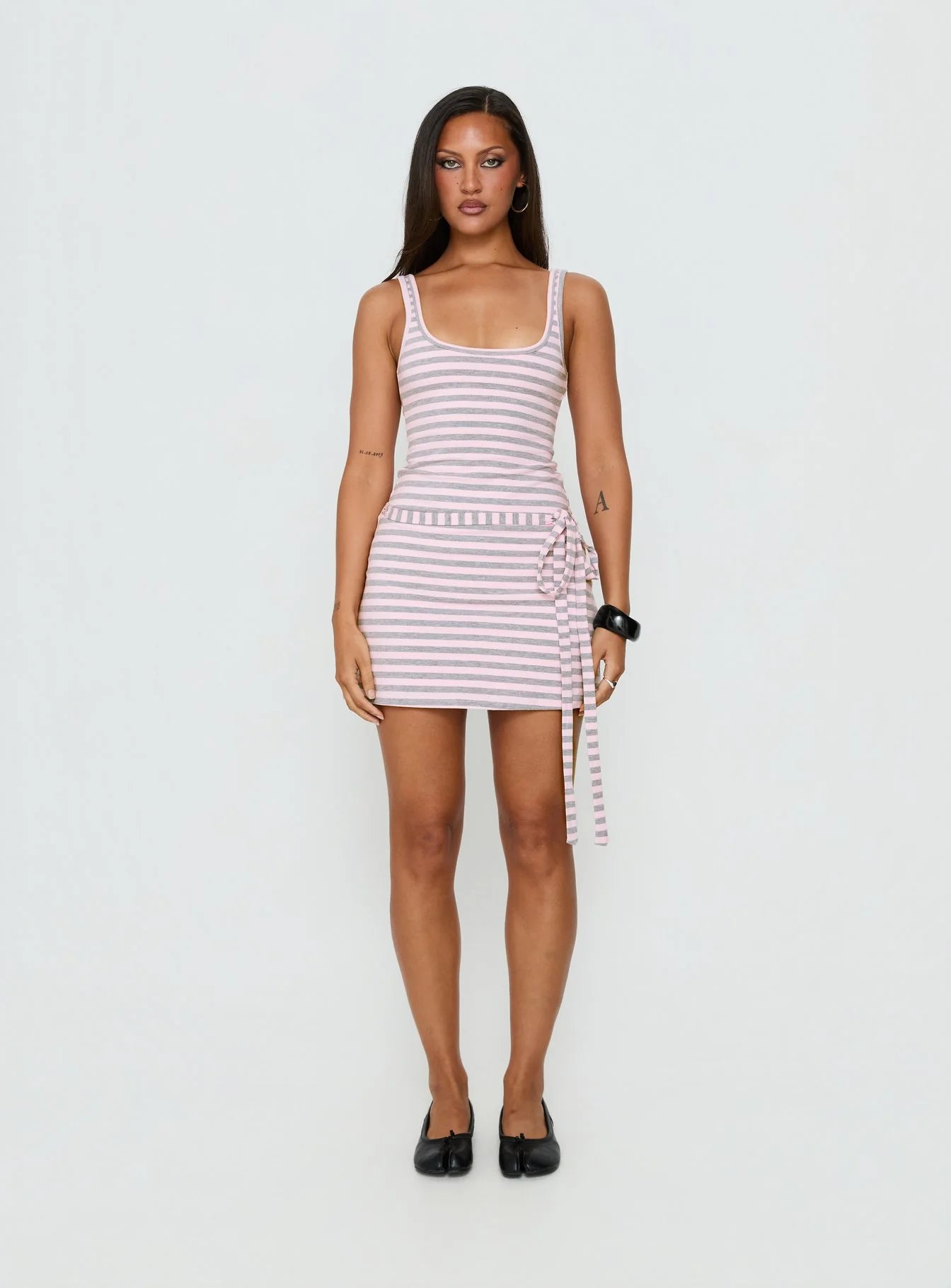 Favourite Daughter Tie Detail Mini Dress Pink / Grey Stripe