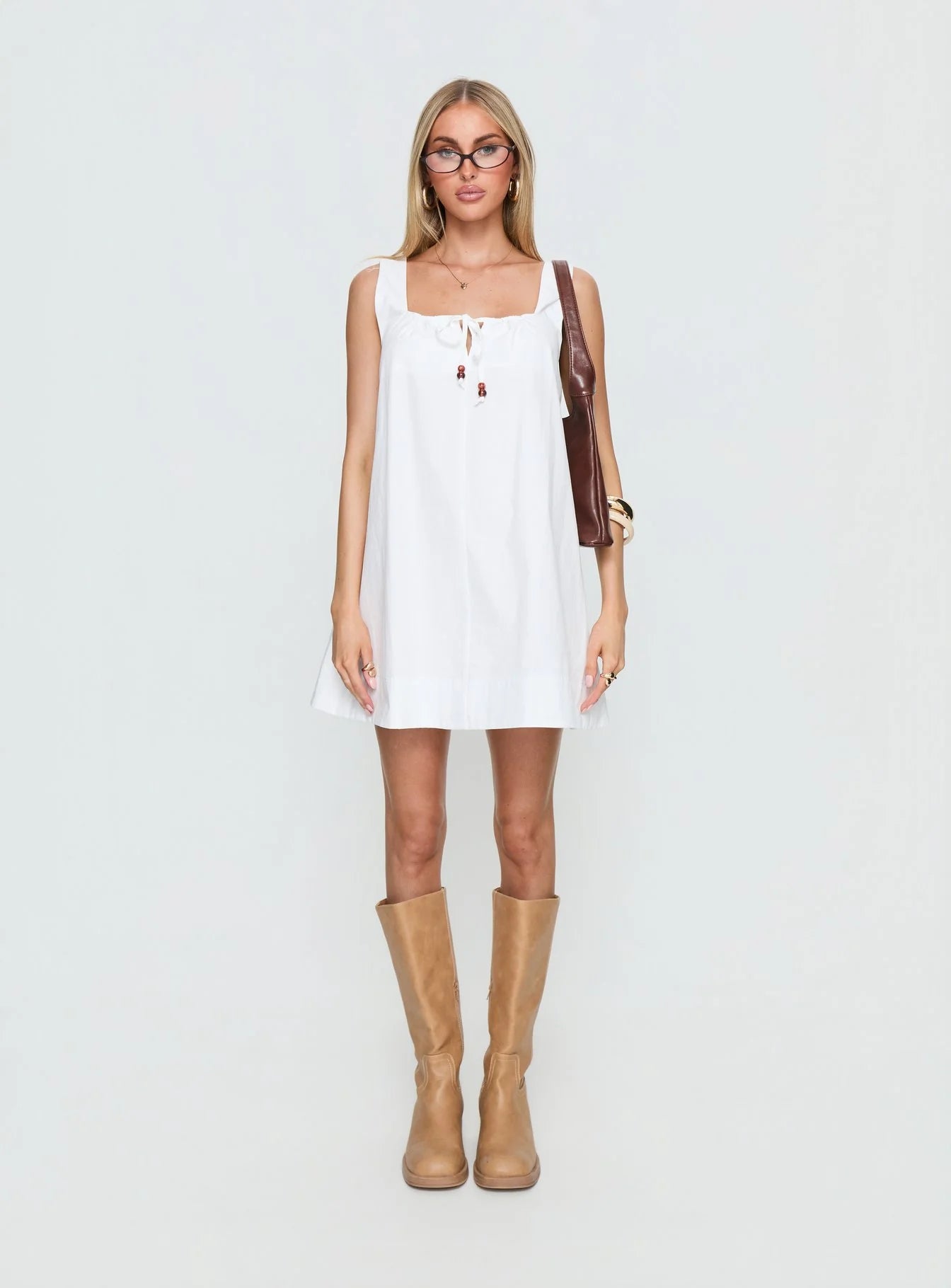 Barbel Square Neck Tie Detail Mini Dress White