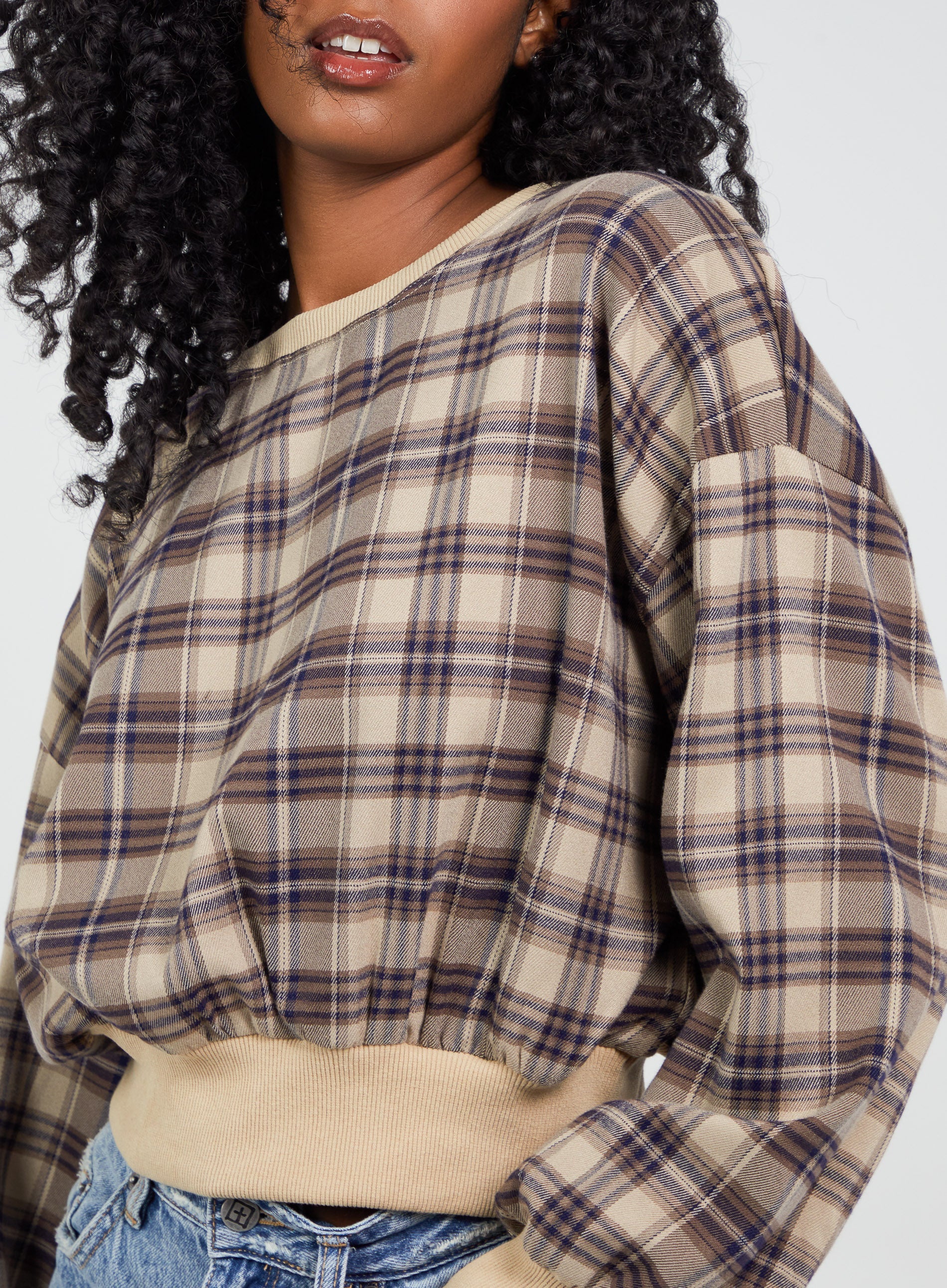 Oversized Cropped Check Sweatshirt