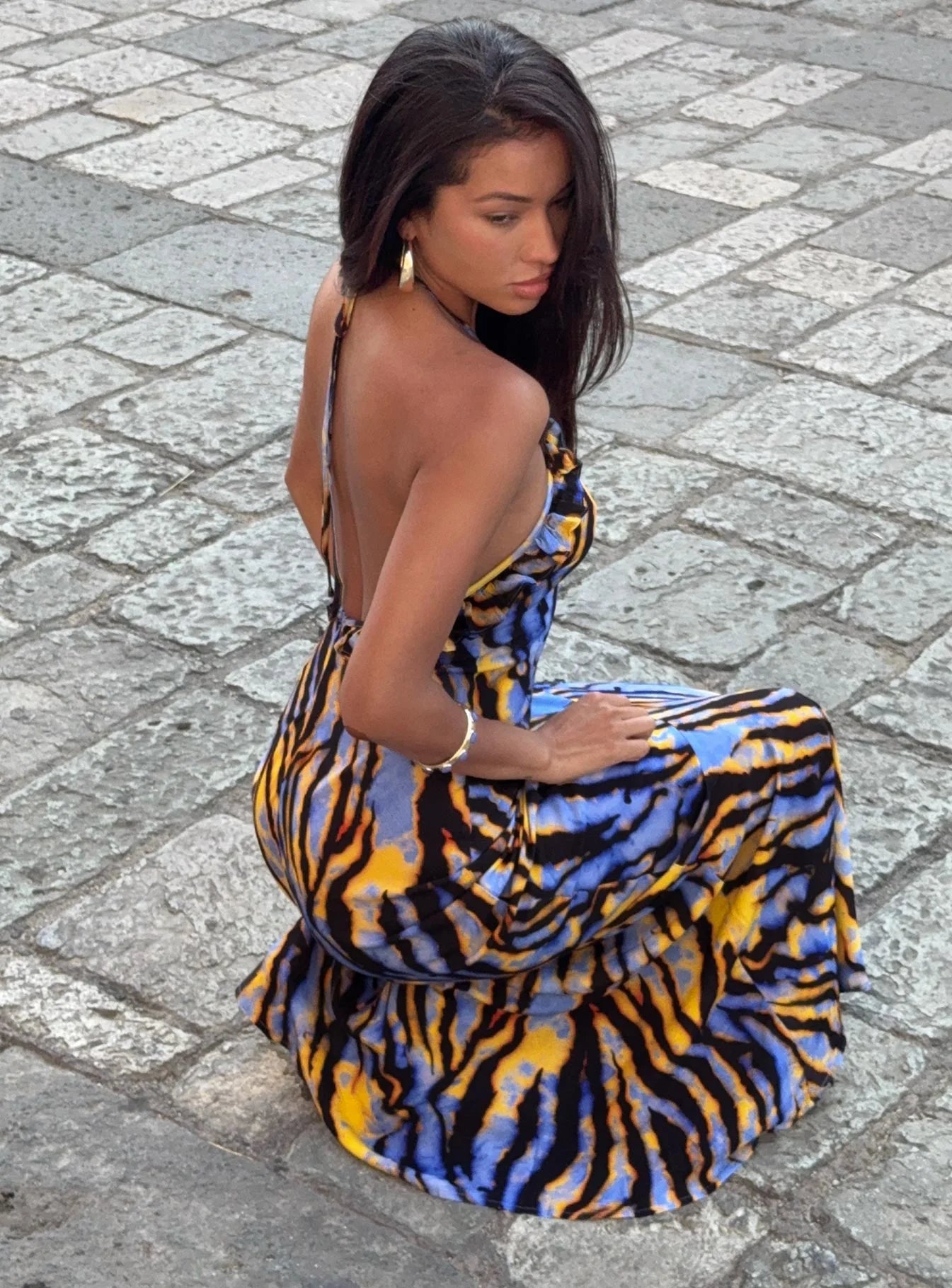 Virginia Beach Backless Maxi Dress Blue Zebra