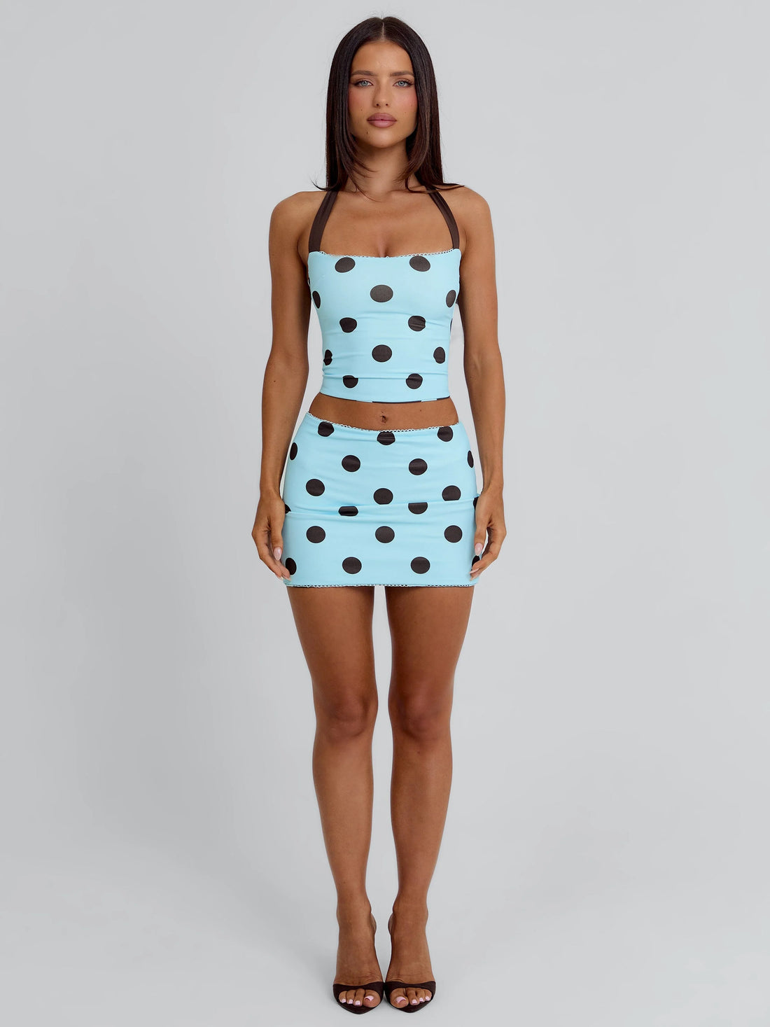 LULA REVERSIBLE TOP BLUE AND CHOCOLATE POLKA DOT