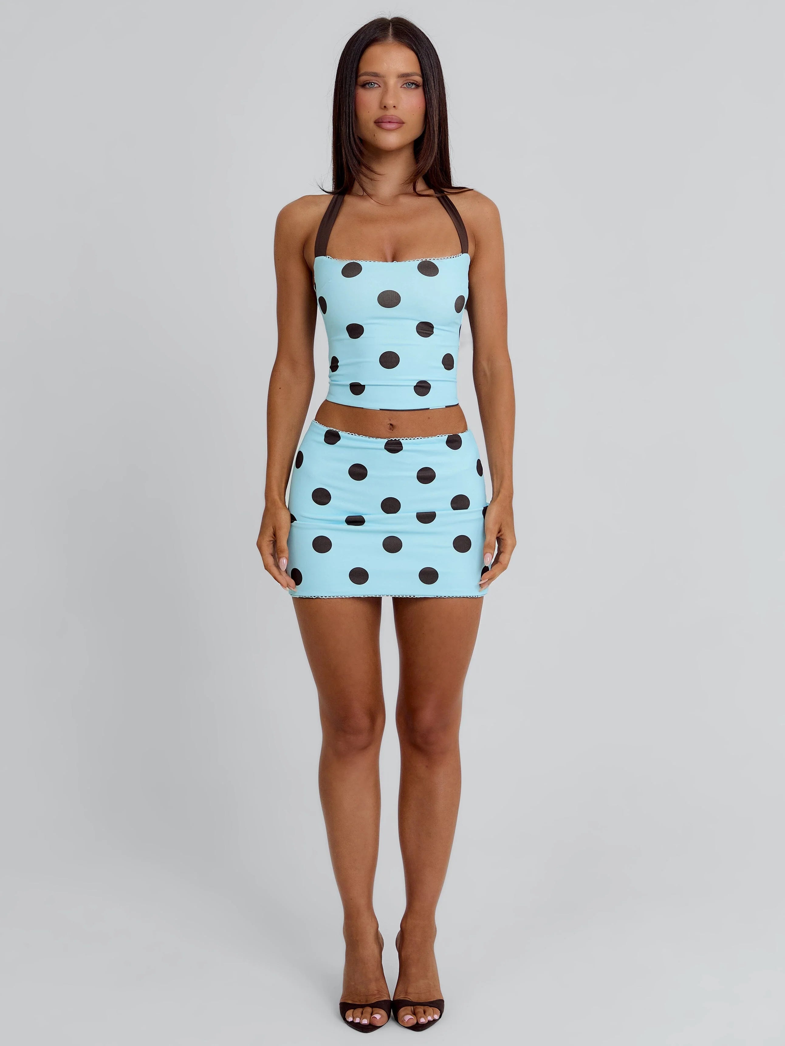 LULA REVERSIBLE TOP BLUE AND CHOCOLATE POLKA DOT