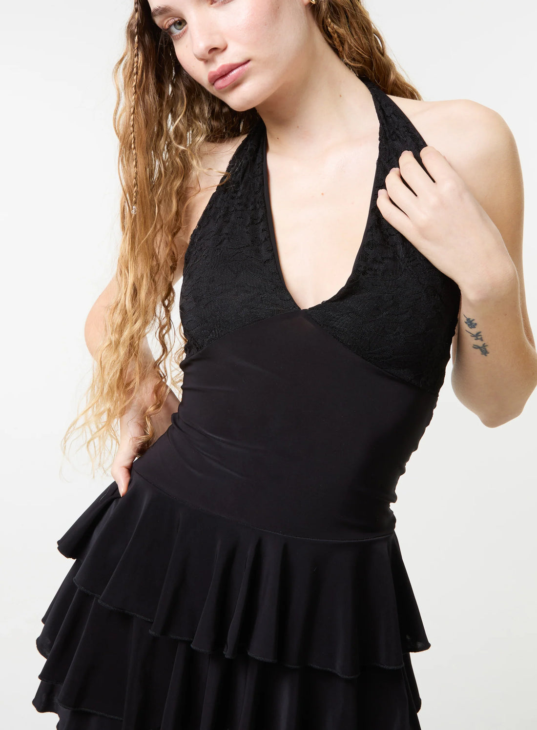 Lace Halter Neck Ruffle Playsuit