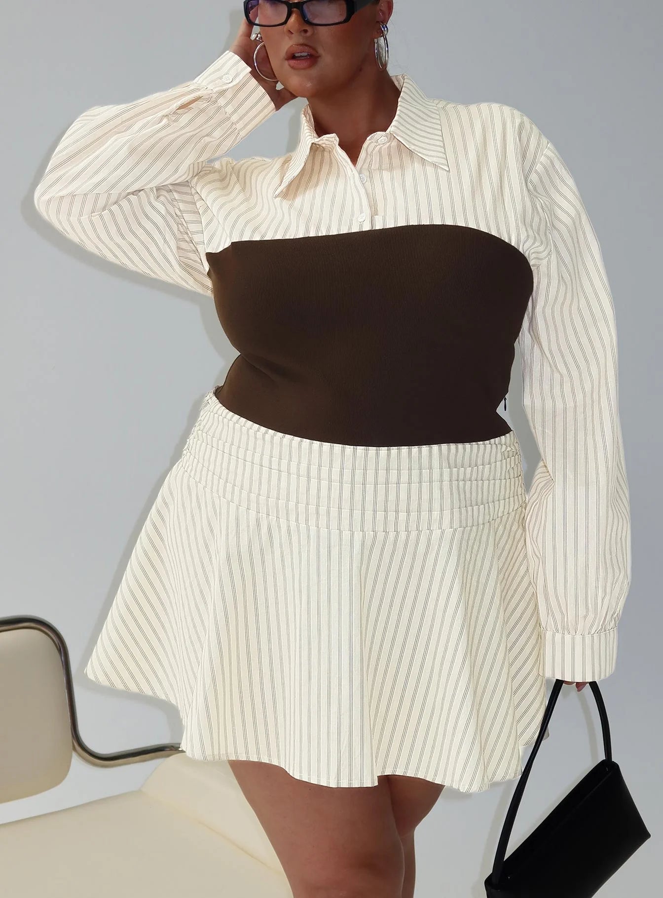 Belva Long Sleeve Corset Shirt Mini Dress Brown Stripe Curve