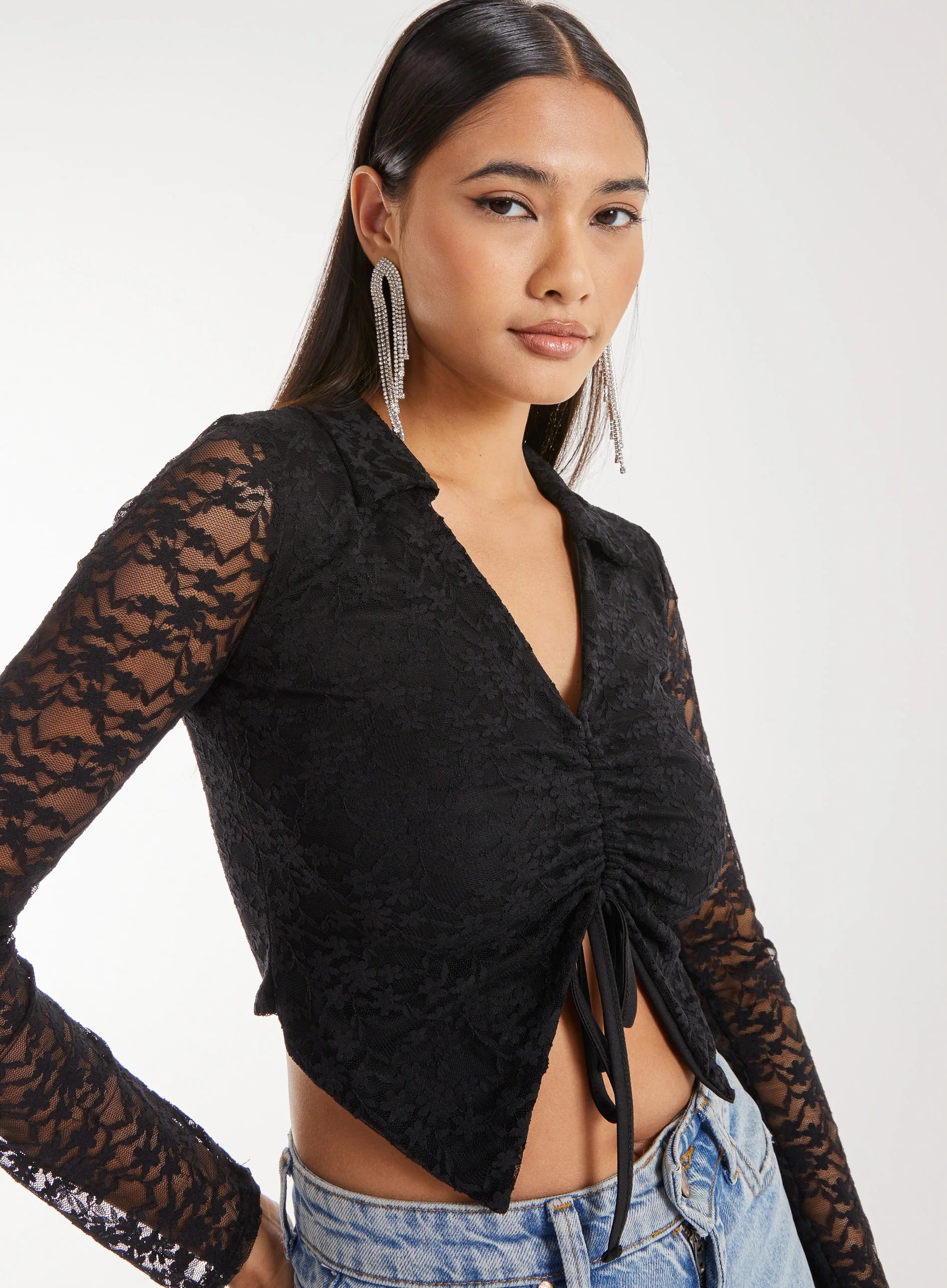 Lace Long Sleeve Tie Front Top