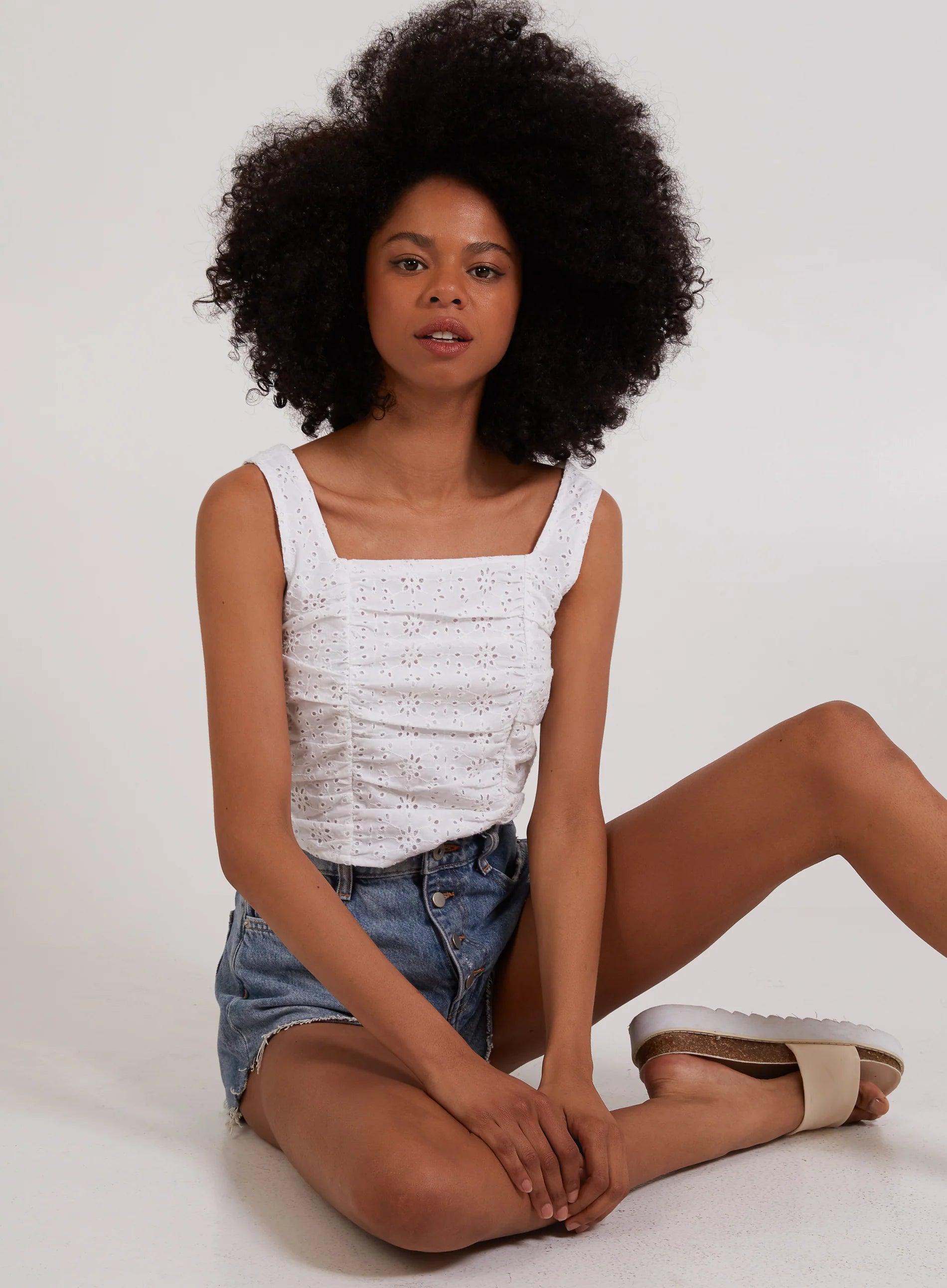 Square Neck Ruched Broderie Top