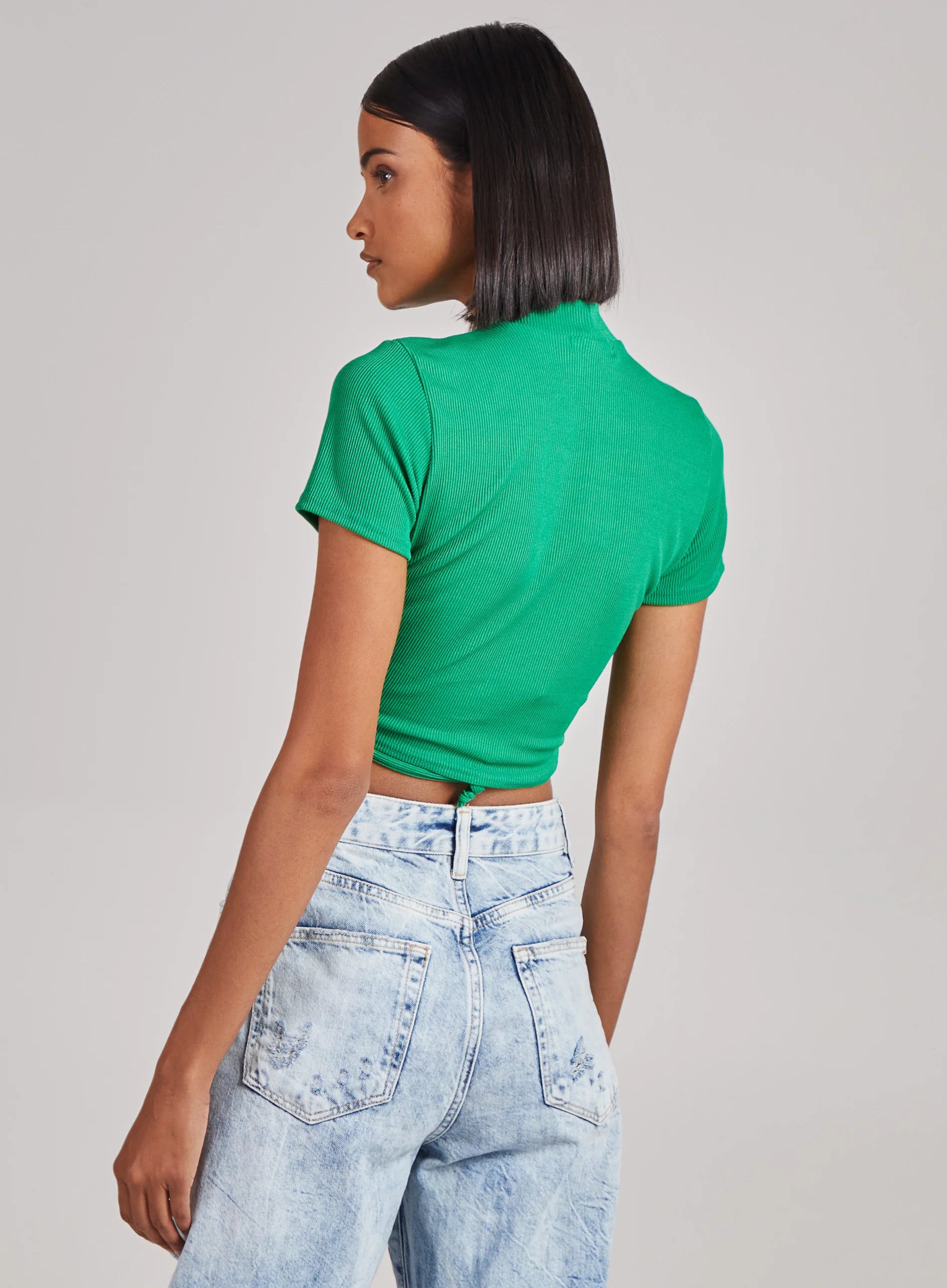 Short Sleeve Gathered Keyhole Ribbed Top