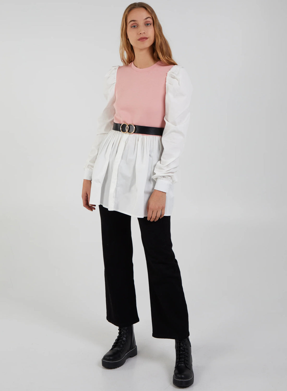2-1 Puff Sleeve Shirt & Jumper Belted Top