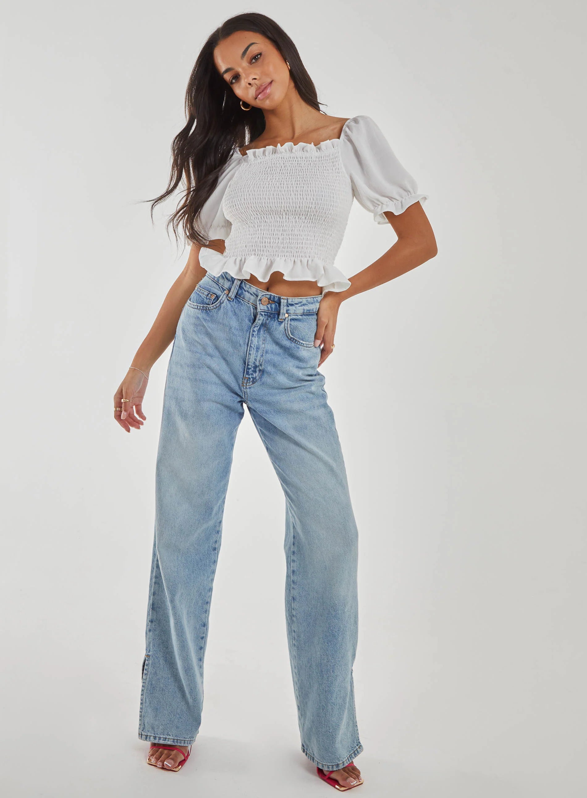 Puff Sleeve Square Neck Shirred Top
