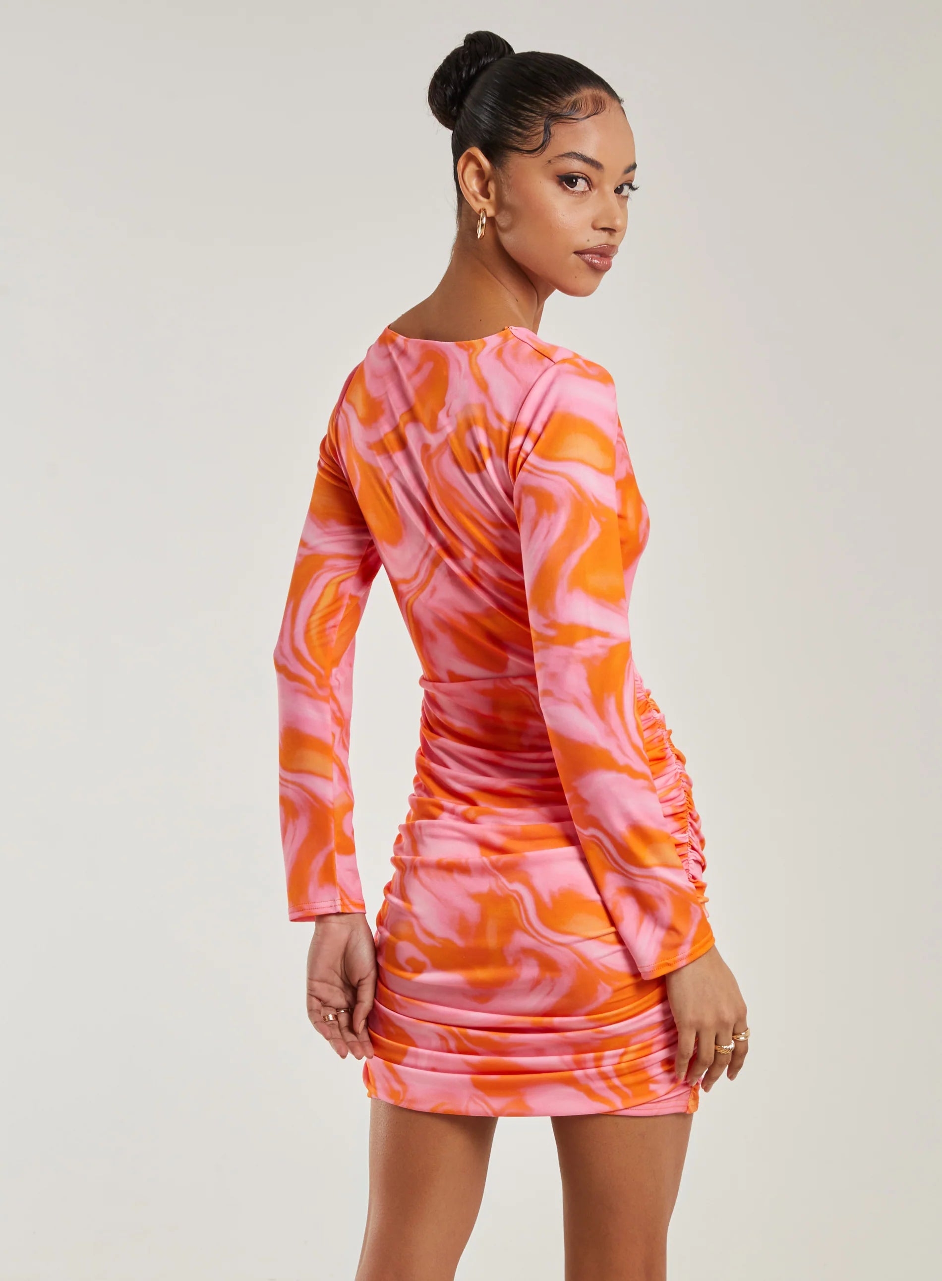 Marble Twist Long Sleeve Cut Out Ruched Mini Dress