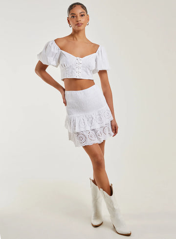Shirred Broderie Ruffle Mini Skirt