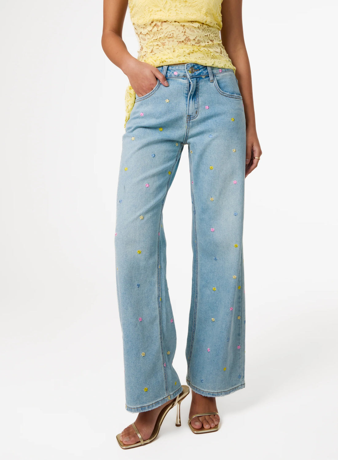 Allover Embroidered Flower Wide Leg Jeans