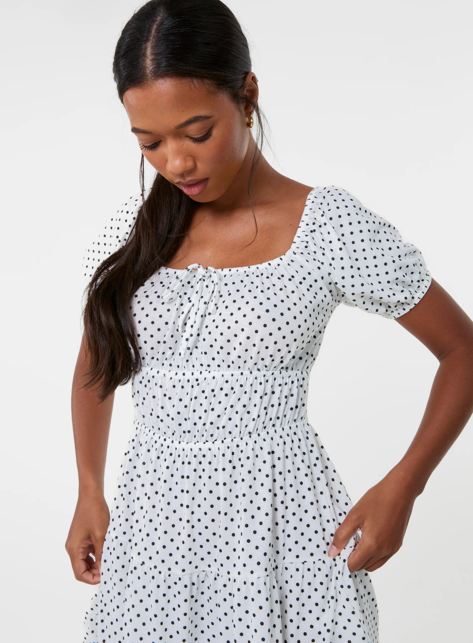 Puff Sleeve Polka Dot Tiered Mini Dress