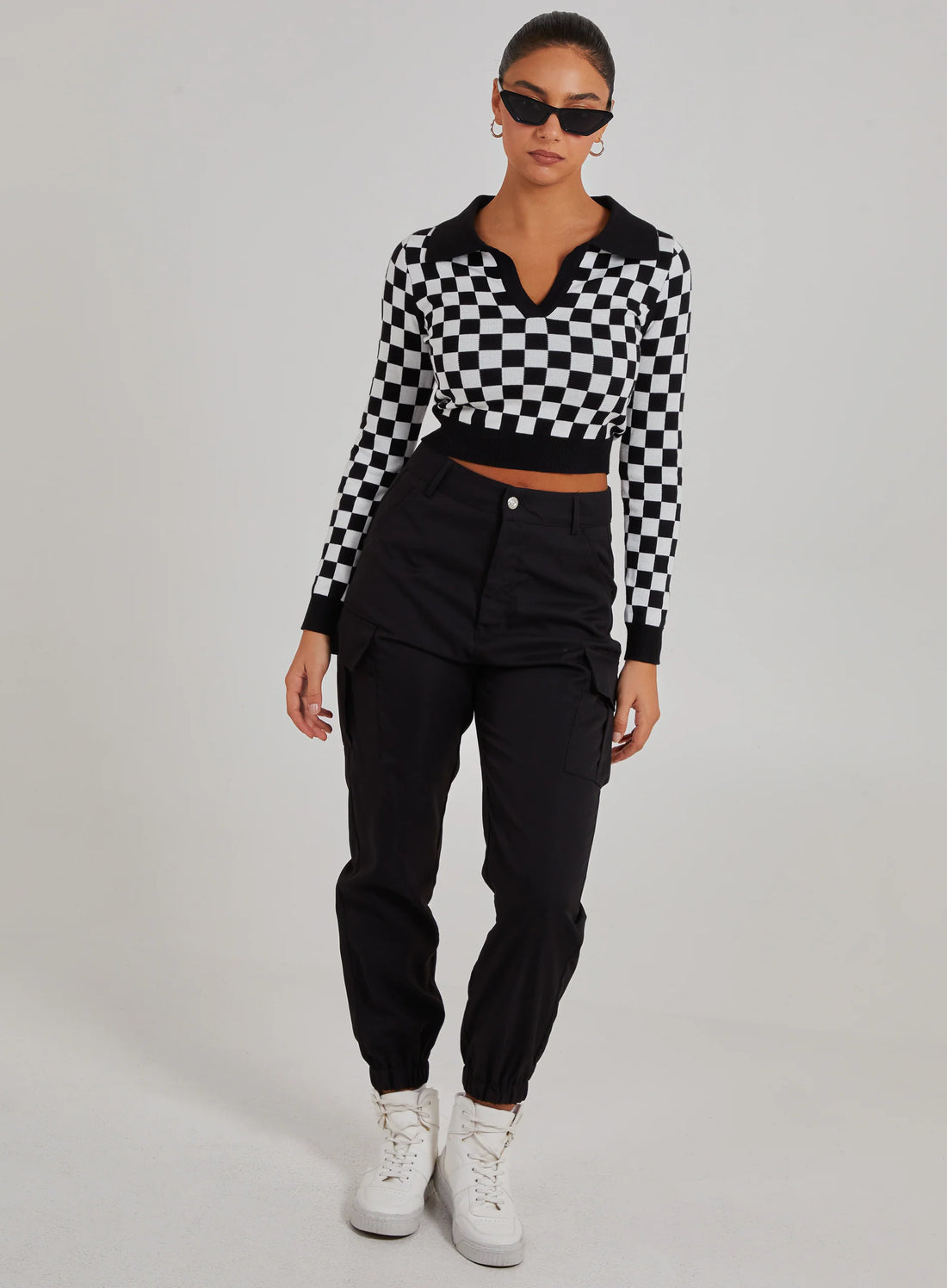 Notch Collar Checkered Top