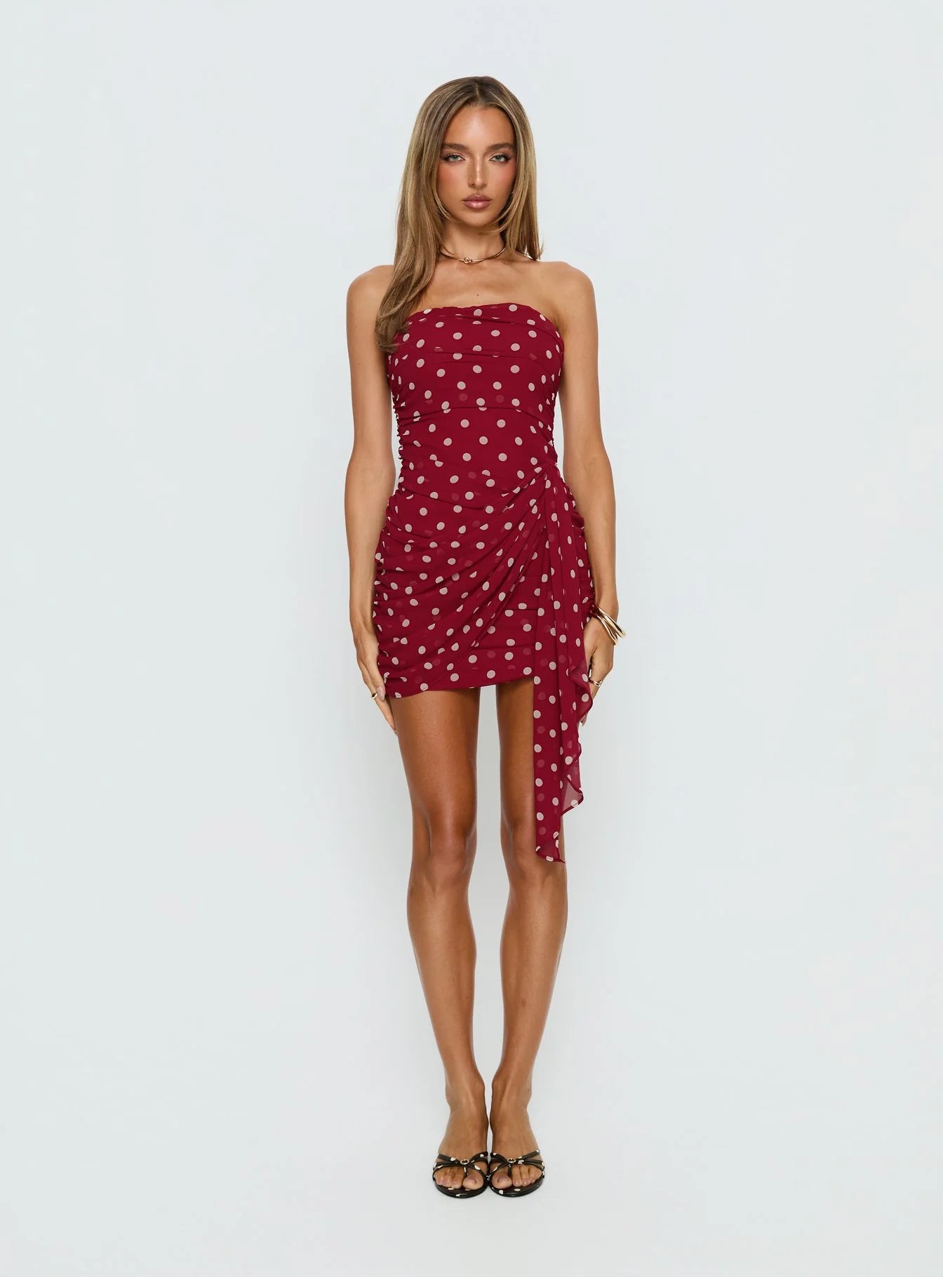 Karlena Strapless Ruched Mini Dress Burgundy Polka Dot