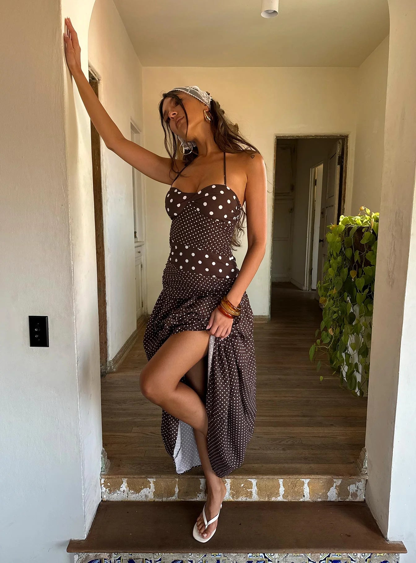 Marguerite Halter Maxi Dress Brown Polka Dot