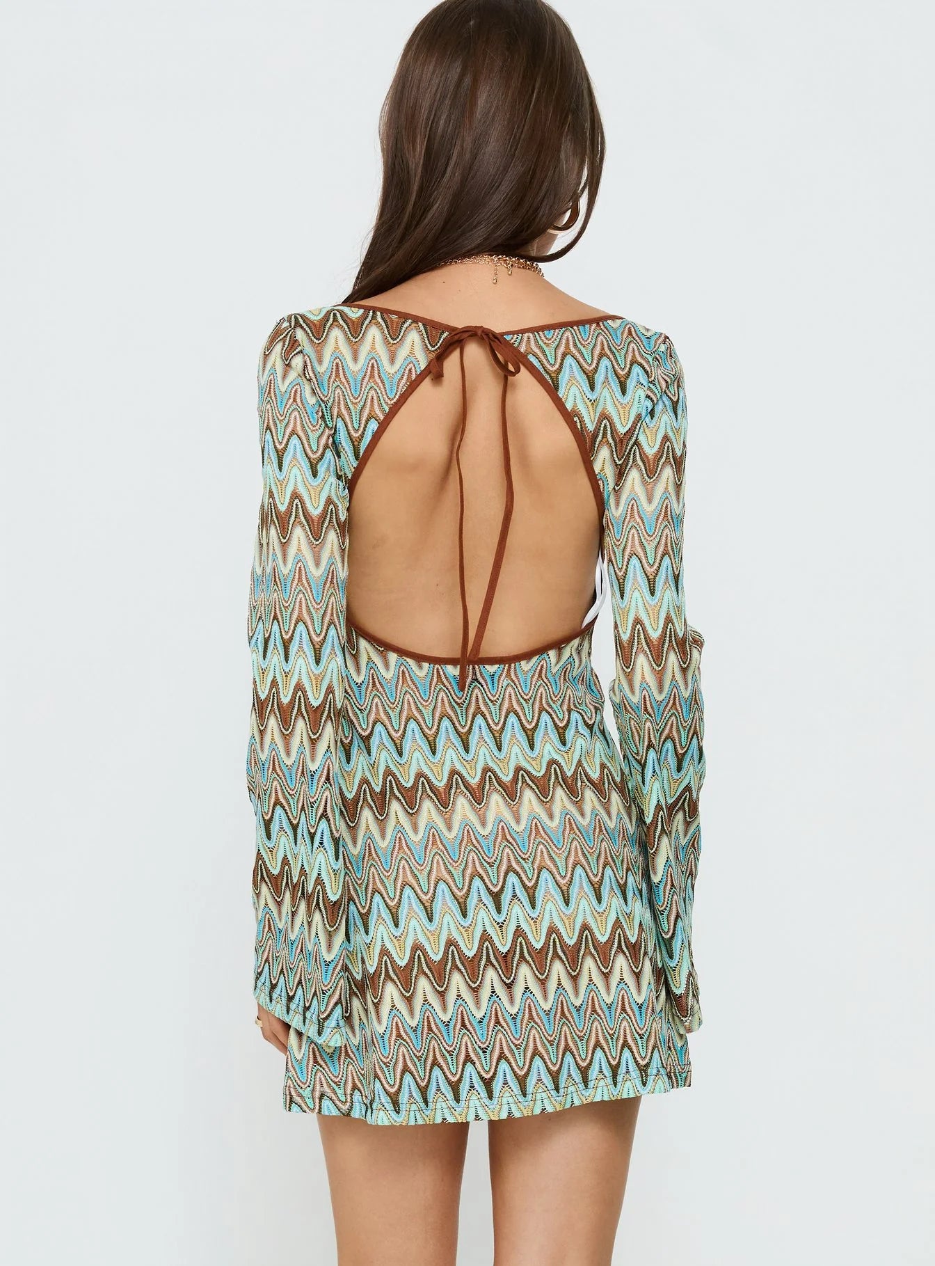 Rizario Long Sleeve Crochet Mini Dress Blue Multi