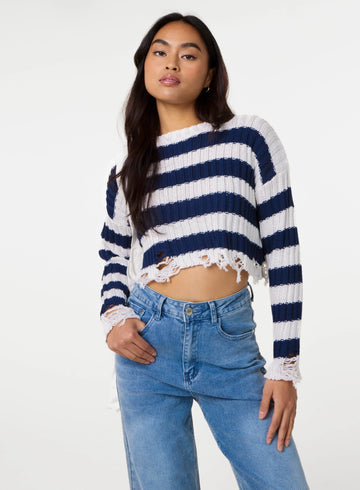 Distressed Striped Crop Knit Jumper