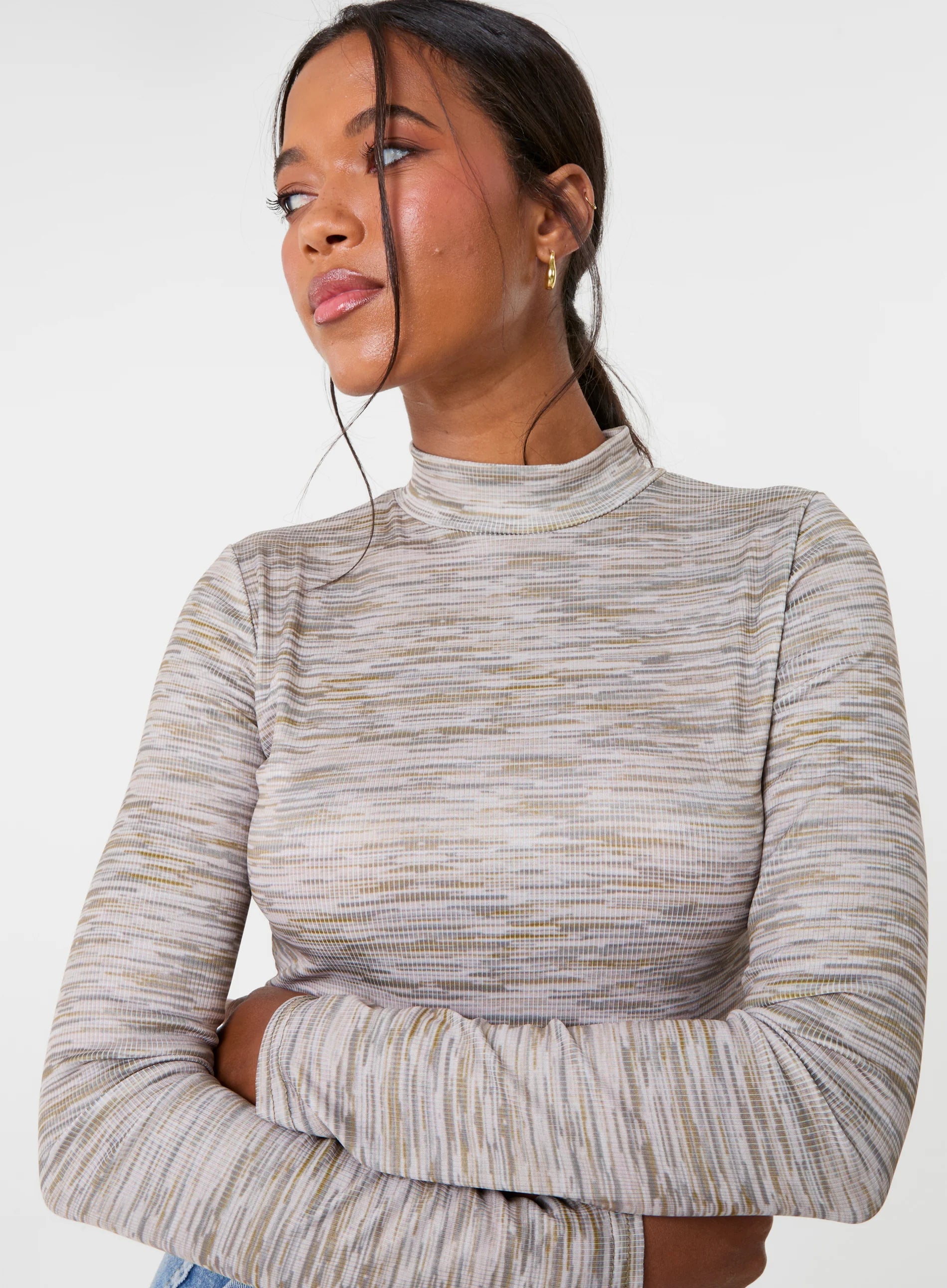Space Dye High Neck Long Sleeves Crop Top