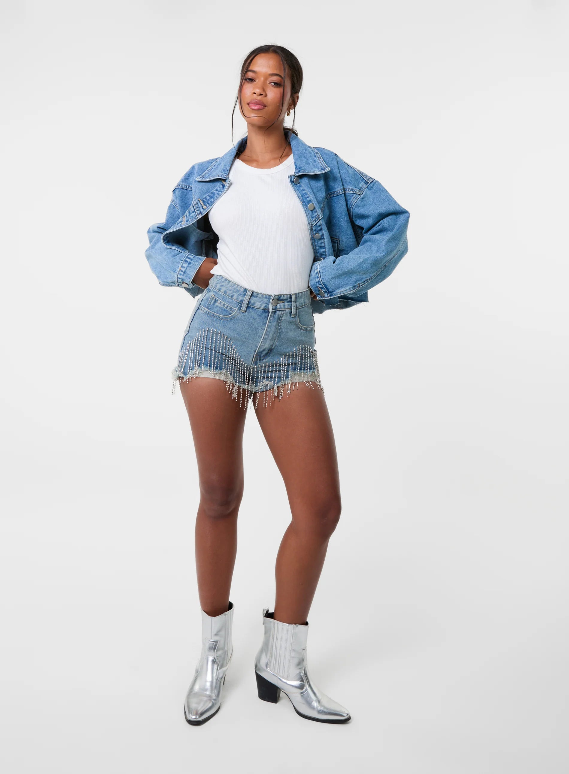 Embellished Diamante Denim Shorts