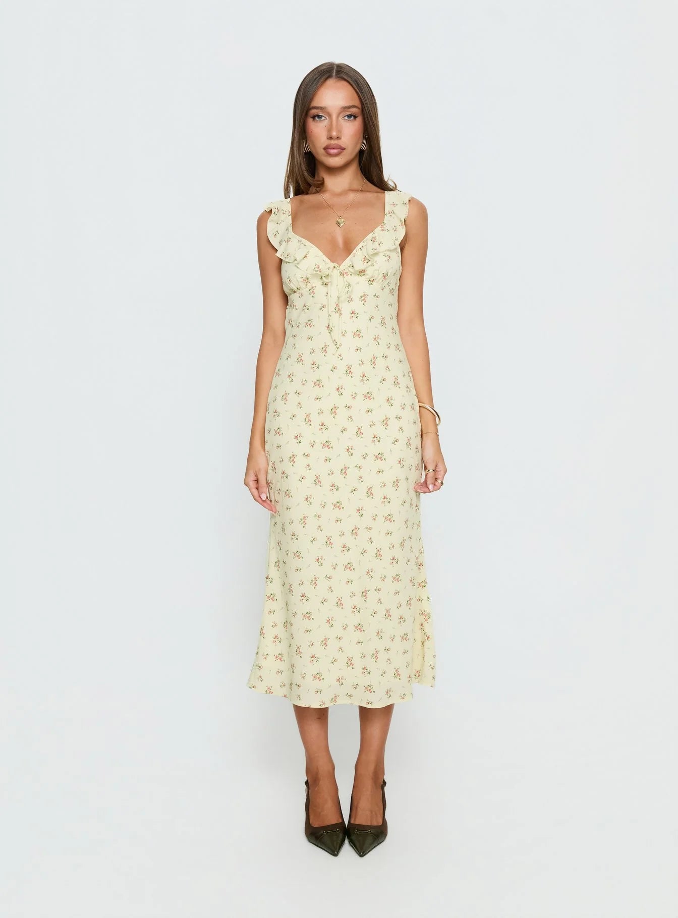 Leabelle Frill V Neck Maxi Dress Yellow Floral