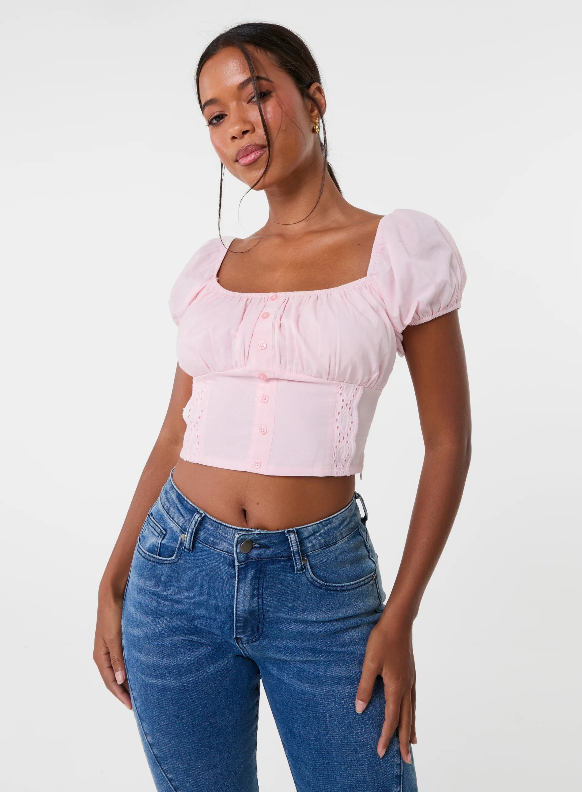 Puff Sleeve Broderie Detail Top