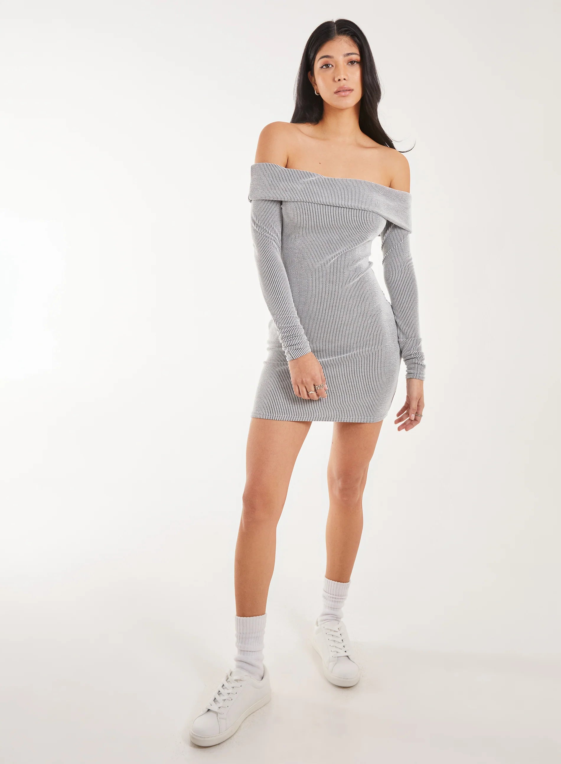Two Tone Rib Bardot Mini Dress