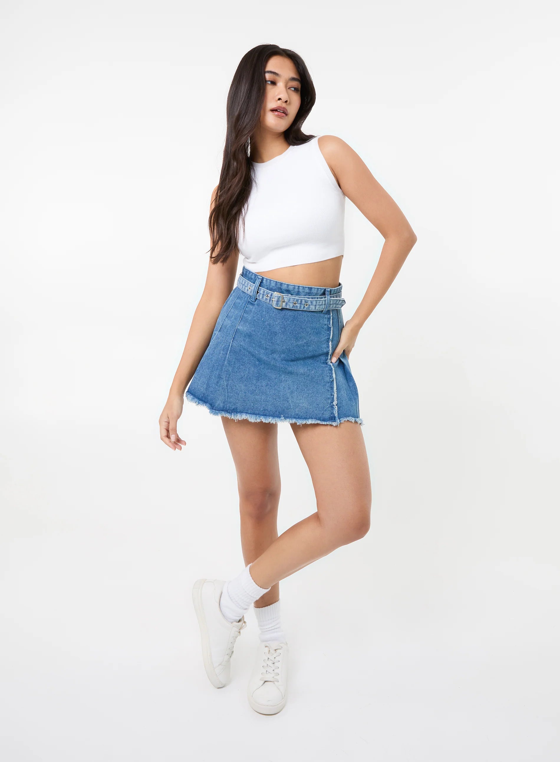 Belt Denim Pleated Mini Skirt